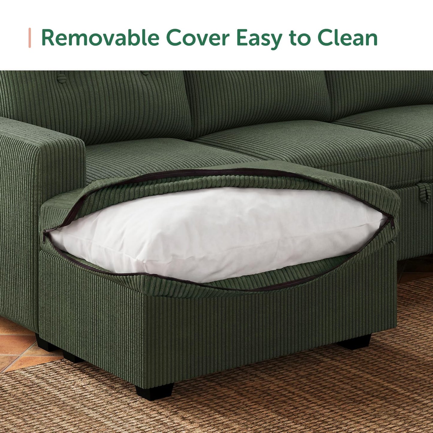 HONBAY 106.2 Inch U-Shaped Sectional Sleeper Sofa with Pull-Out Bed & Storage Ottoman, 7-Seater Sectional Sofa for Living Room, Pet-Resistant Corduroy Couch, Green