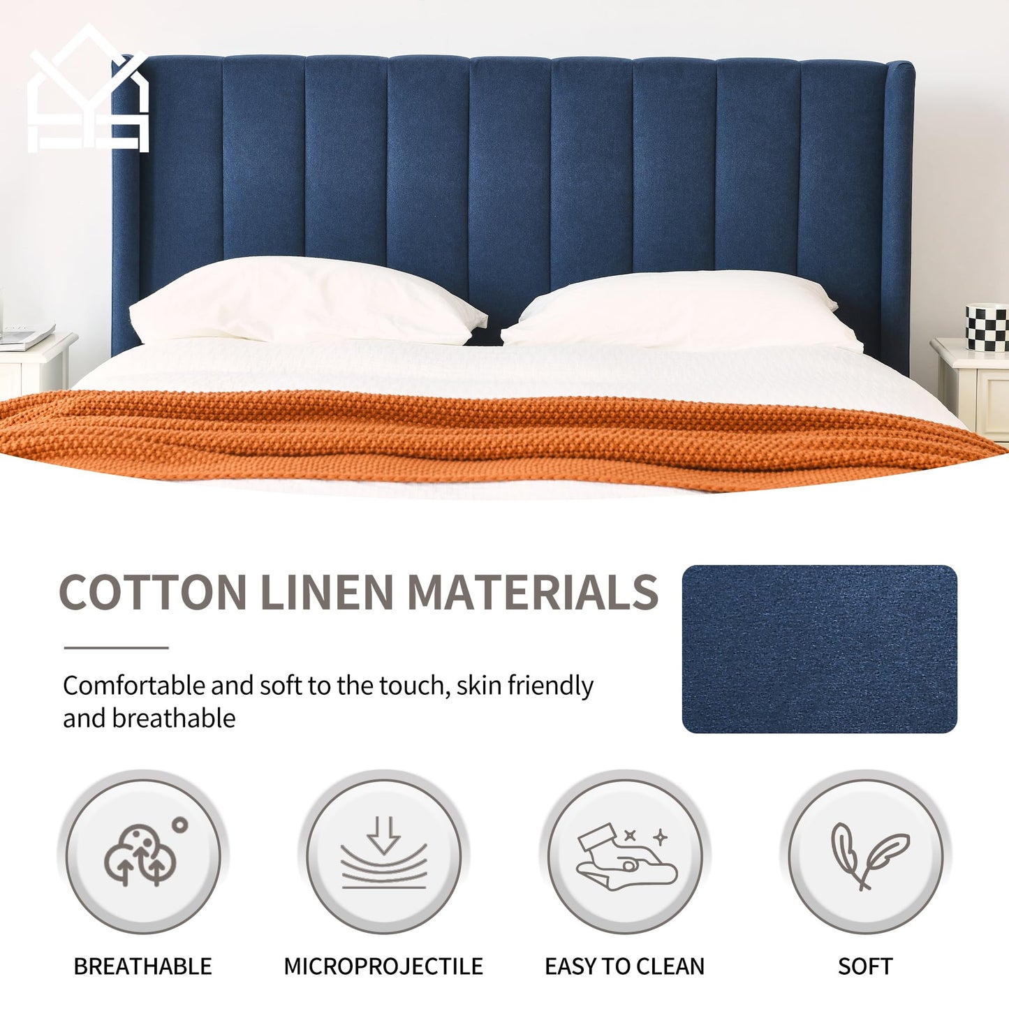YUHUASHI upholstered Platform Bed Frame/Queen Bed Frame/Modern Geometric Double-Wing Design headboard/Linen Fabric/Easy to Assemble no Noise (Navy Blue, Queen (U.S. Standard))