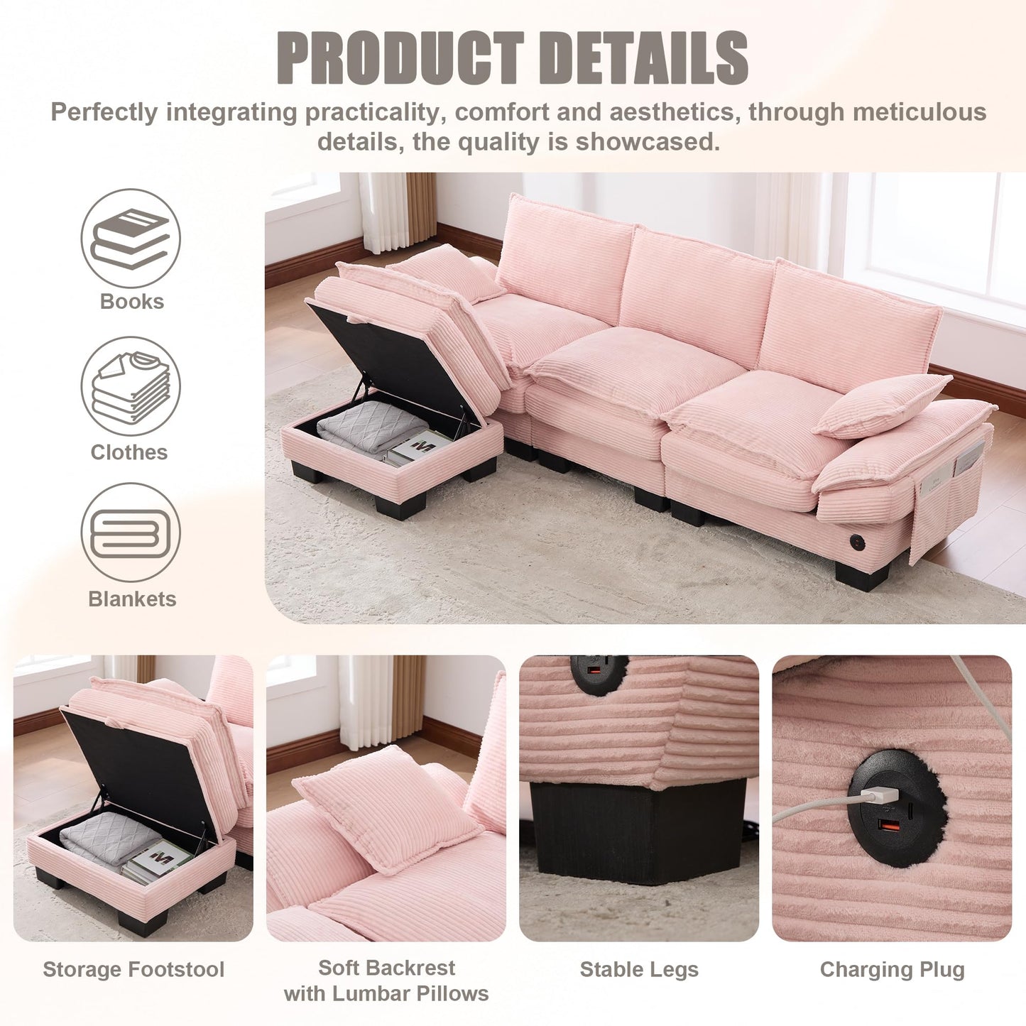 102" Oversized Cloud Modular Sectional Sofa with Movable Ottoman, Free Combination Convertible L Shaped Corner Couch Sets,Comfy Corduroy Upholstered Pink Sofa & Couch for Living Room