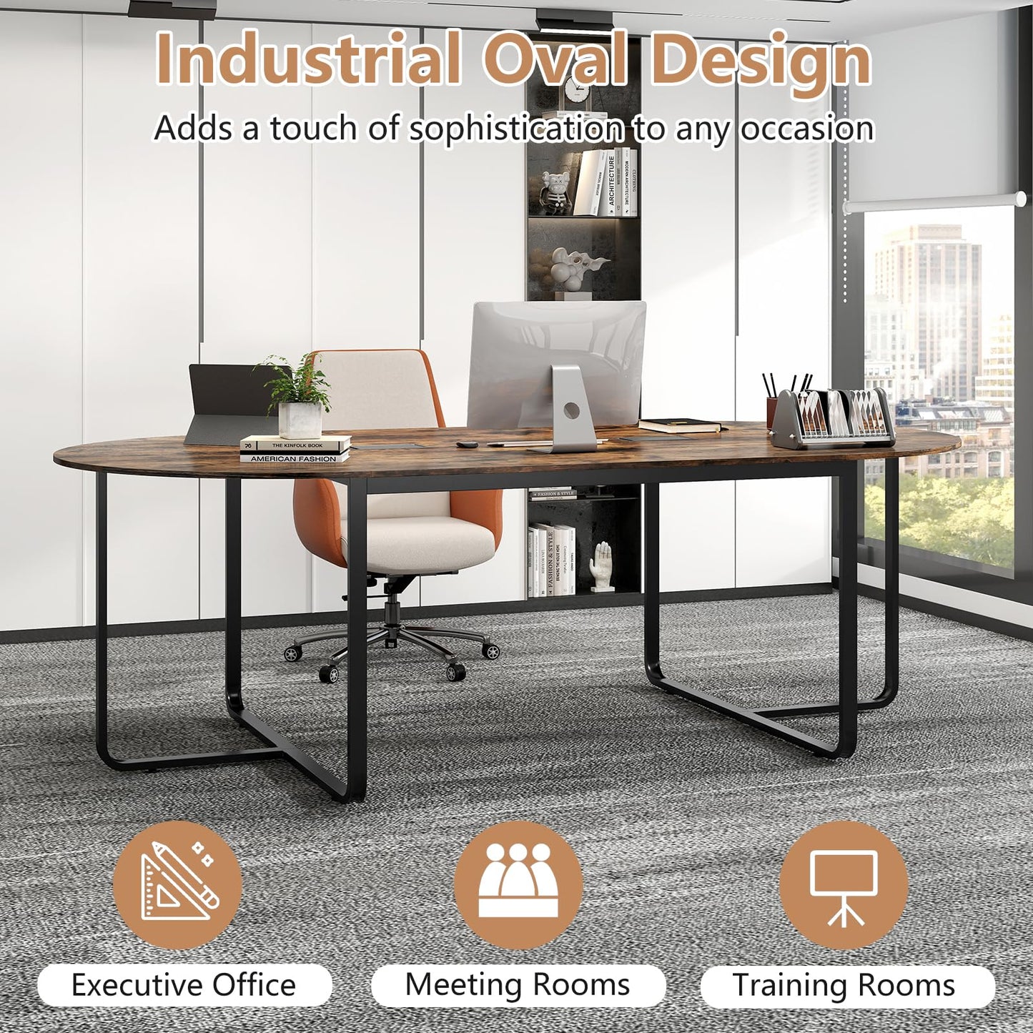 Nightcore 8 FT Oval Conference Table, 95" x 48" x 30" Large Meeting Table with Cable Holes and Strong Metal Frame for Office, Business Style Training Table for 12 People, Rustic Brown & Black