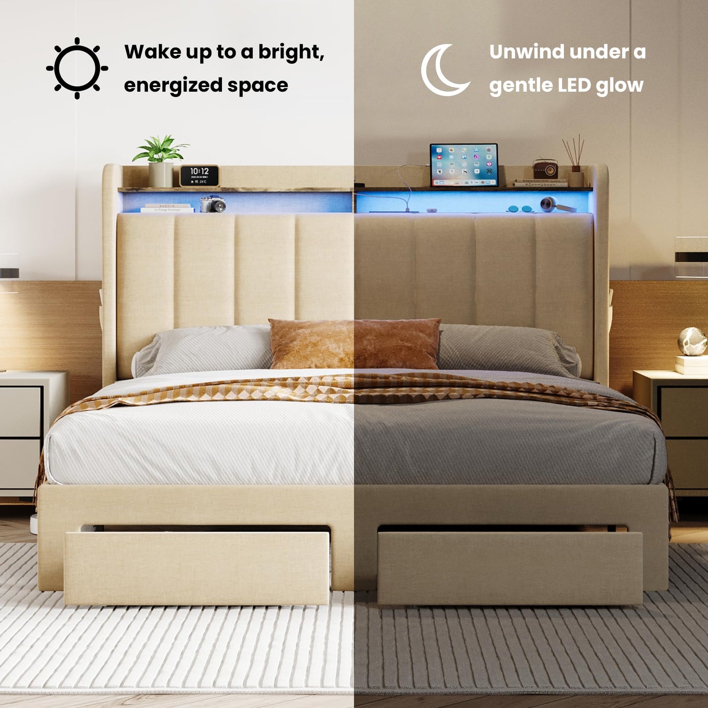 SHA CERLIN Full Size Platform Bed Frame with Vertical Channel Tufted Wingback Headboard & 2 Storage Drawers/2-Tier Shelves with LED Lights & Charging Station/Noise-Free/No Box Spring Needed/Beige