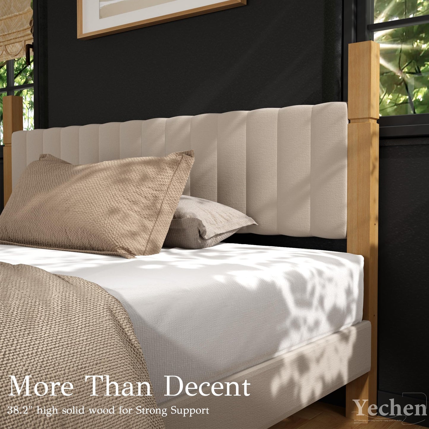 Yechen California King Bed Frame, Solid Wood Bed Frame CA-King Size with Upholstered Headboard, Platform Bedframe Noise Free, No Box Spring Needed, Beige Linen