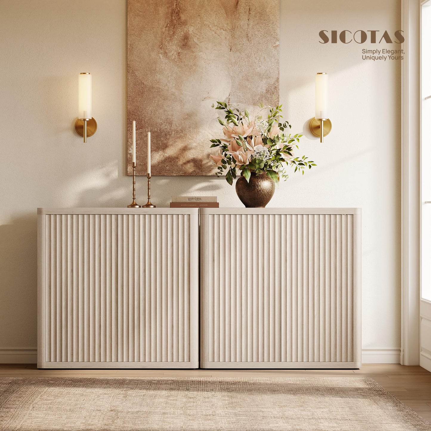 SICOTAS Buffet Cabinet with Storage 34.6" Sideboard Accent Modern Credenza with Doors & Shelves Fluted Tall Media Console Mid Century Coffee Bar Table for Living Room Kitchen Dining Room Hallway