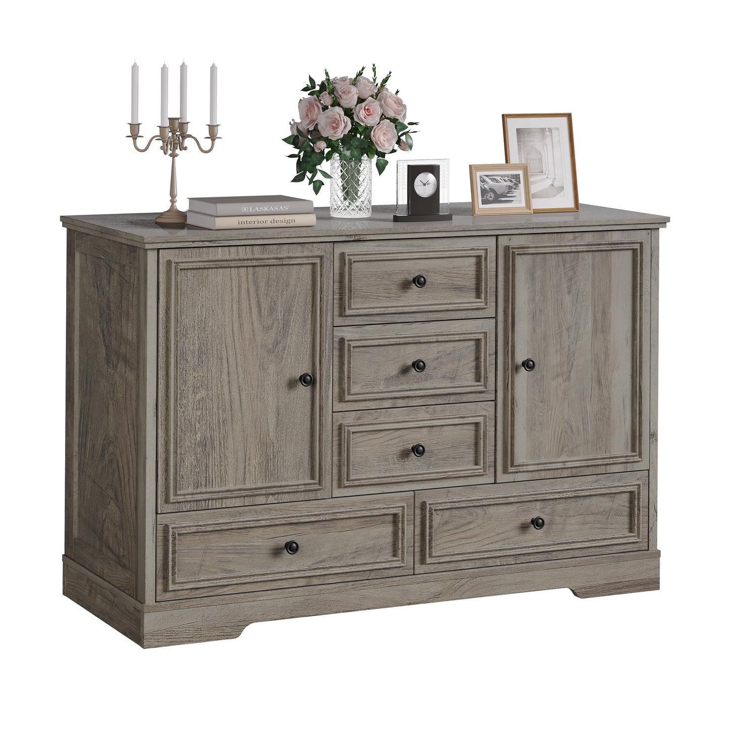 Garvee Farmhouse Sideboard Buffet Cabinet with 5 Drawers and 2 Doors, 47" Kitchen Storage Cabinet, Wood Coffee Bar Cabinet with Adjustable Shelves for Dining Room Living Room, Grey