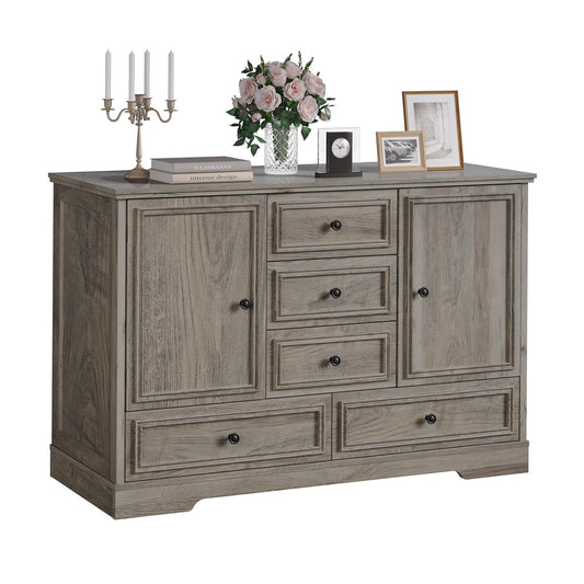 Garvee Farmhouse Sideboard Buffet Cabinet with 5 Drawers and 2 Doors, 47" Kitchen Storage Cabinet, Wood Coffee Bar Cabinet with Adjustable Shelves for Dining Room Living Room, Grey