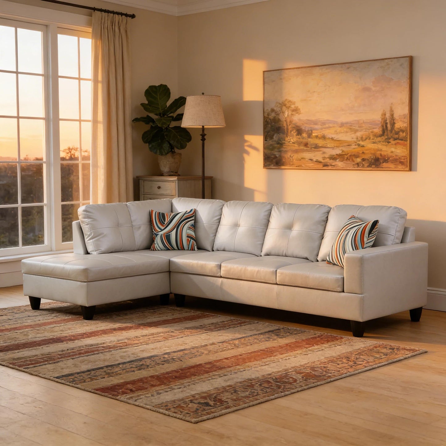 Trygoal 103.5 Inch Modern L-Shaped Couch, PU Leather Sectional Sofa with Chaise Lounge, 4-Seater Couch with Accent Pillows for Living Room, Apartment, Silver Grey