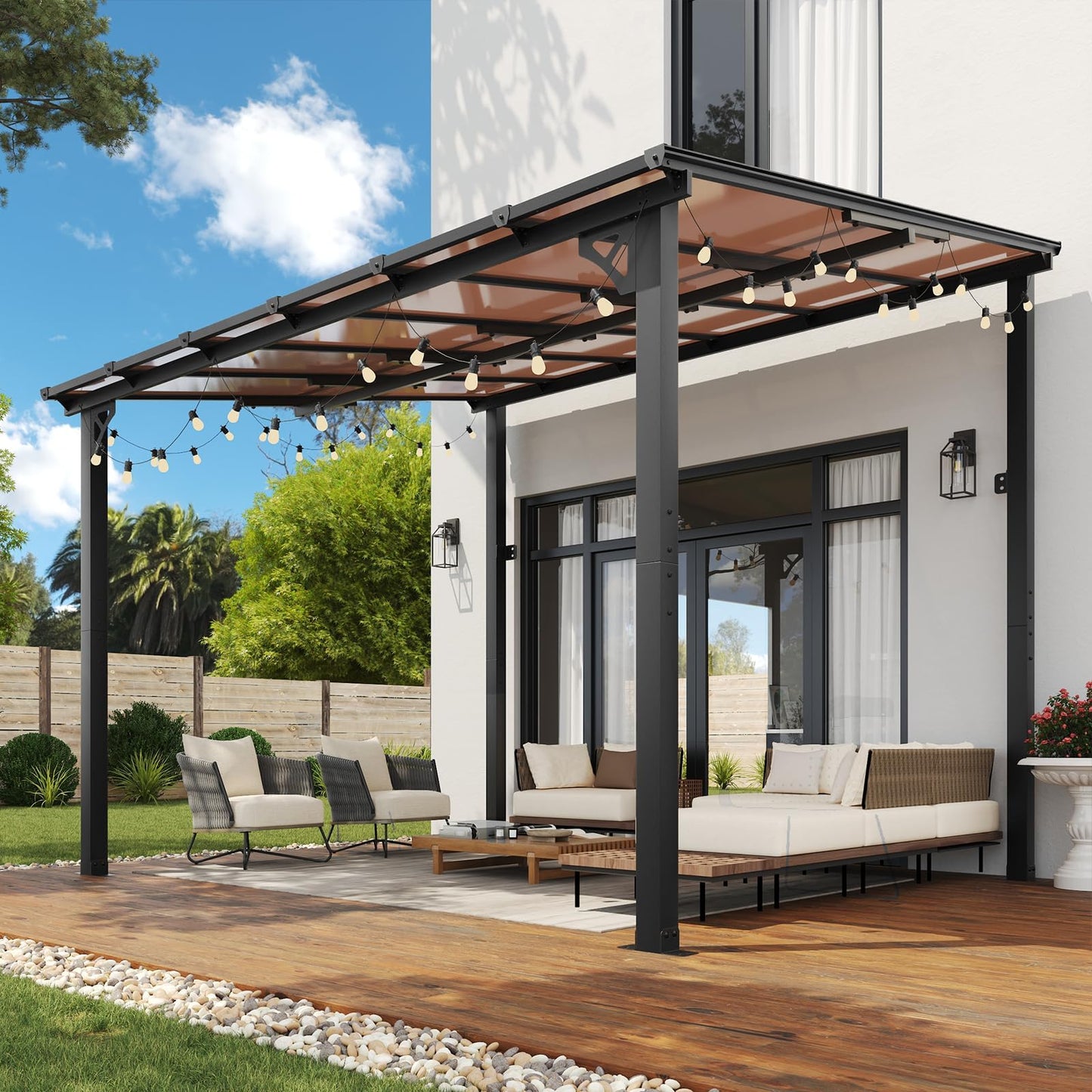Aoxun 10' x 12' Gazebo for Patio, Gazebo Pergola with Sloped Roof, Large Wall-Mounted Heavy Duty Awnings, and LED Outdoor Waterproof Hanging Lights, for Backyard, Deck, Patio
