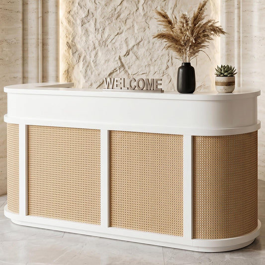Fully Assembled Rattan Reception Desk, Modern Commercial Front Desk with Lockable Drawer & Cable Management Hole, Heavy Duty Wooden Checkout Counter for Office, Business, Beauty, Spa, Nail, Hair Salon