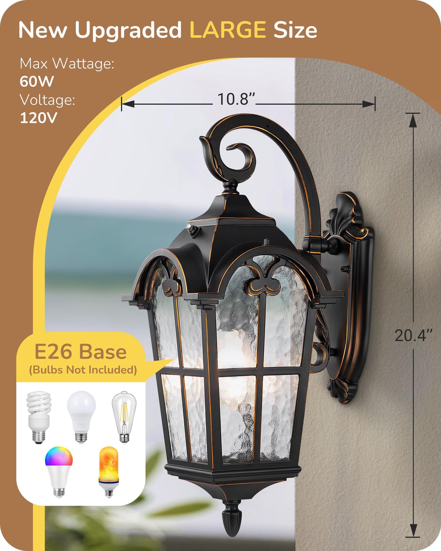 EDISHINE Outdoor Wall Light, Dusk to Dawn, Waterproof, Black, E26 Base, 2 Pack, Roman Large Size, Aluminum