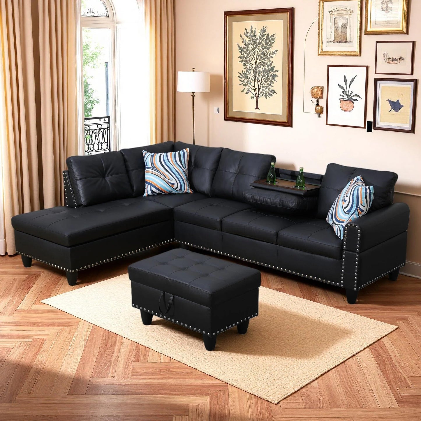 Trygoal Leather 3-Piece L-Shaped Couches for Living Room, Sectional Sofa with Storage Ottoman & Movable Chaise, Modular Convertible Couch for Bedroom & Apartment, Midnight Black