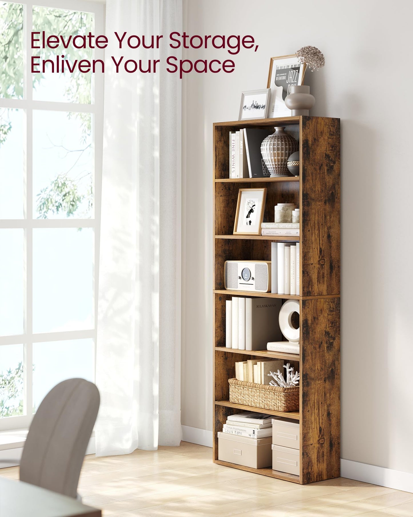 VASAGLE Set of 2 Bookshelves, 23.6 Inches Wide, 6-Tier Open Bookcases with Adjustable Storage Shelves, Floor Standing Units, Rustic Brown ULBC166X01-2