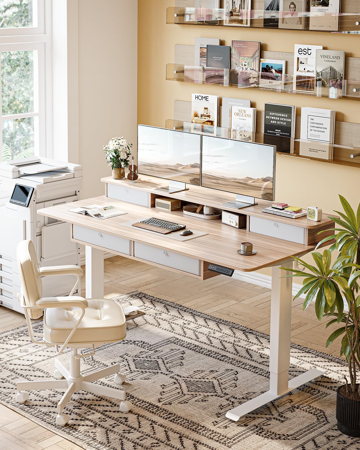 CubiCubi 55" x 30" Standing Desk with Drawers, Height Adjustable Electric Workstation, Computer Sit Stand Up Table with Large Storage Shelf 4 Drawers and 2 Hooks, Light Rustic Brown