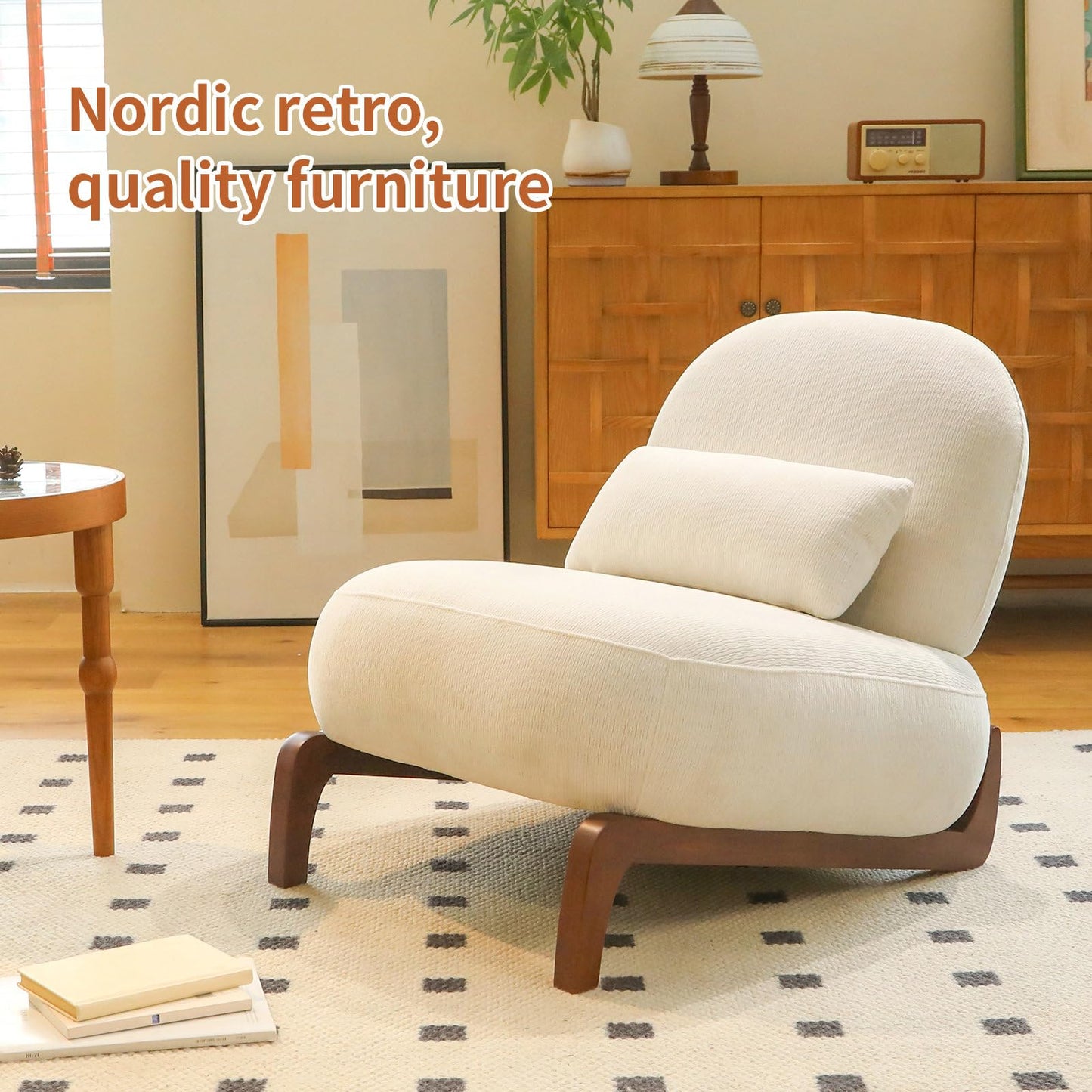 KEIKI Cute Accent Chair Set of 2, Living Room Single Seat Sofa with Solid Wood Legs, Velvet Comfy Armless Reading Chair for Bedroom, Apartment, Waiting Room, Balcony, White