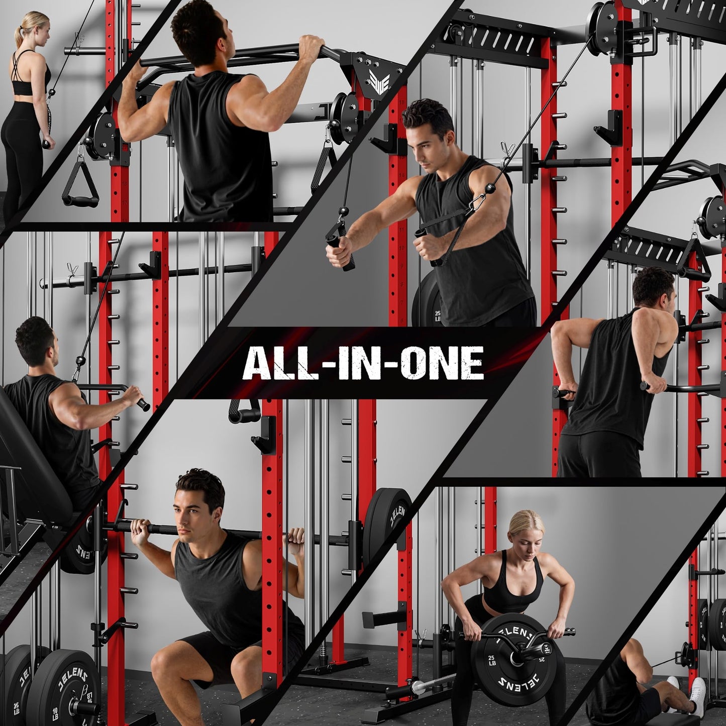 JELENS M21 Smith Machine, Multi-Function Power Cage with Dual Pulley Cable Crossover System, 2000LBS All-in-One Squat Rack with Smith Bar and Attachments (Red, M21 Smith Machine)
