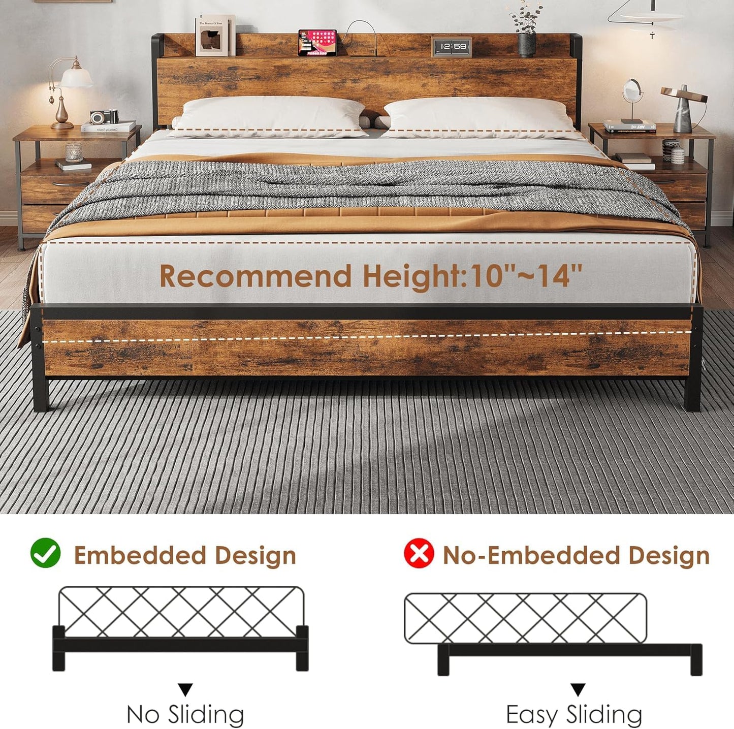 GarveeHome King Size Bed Frame Charging Station with 2 USB Ports & 2 AC Outlets, Heavy Duty Metal Bed Frame with Wooden Headboard and Footboard, No Box Spring Needed, Easy to Assemble, King Size