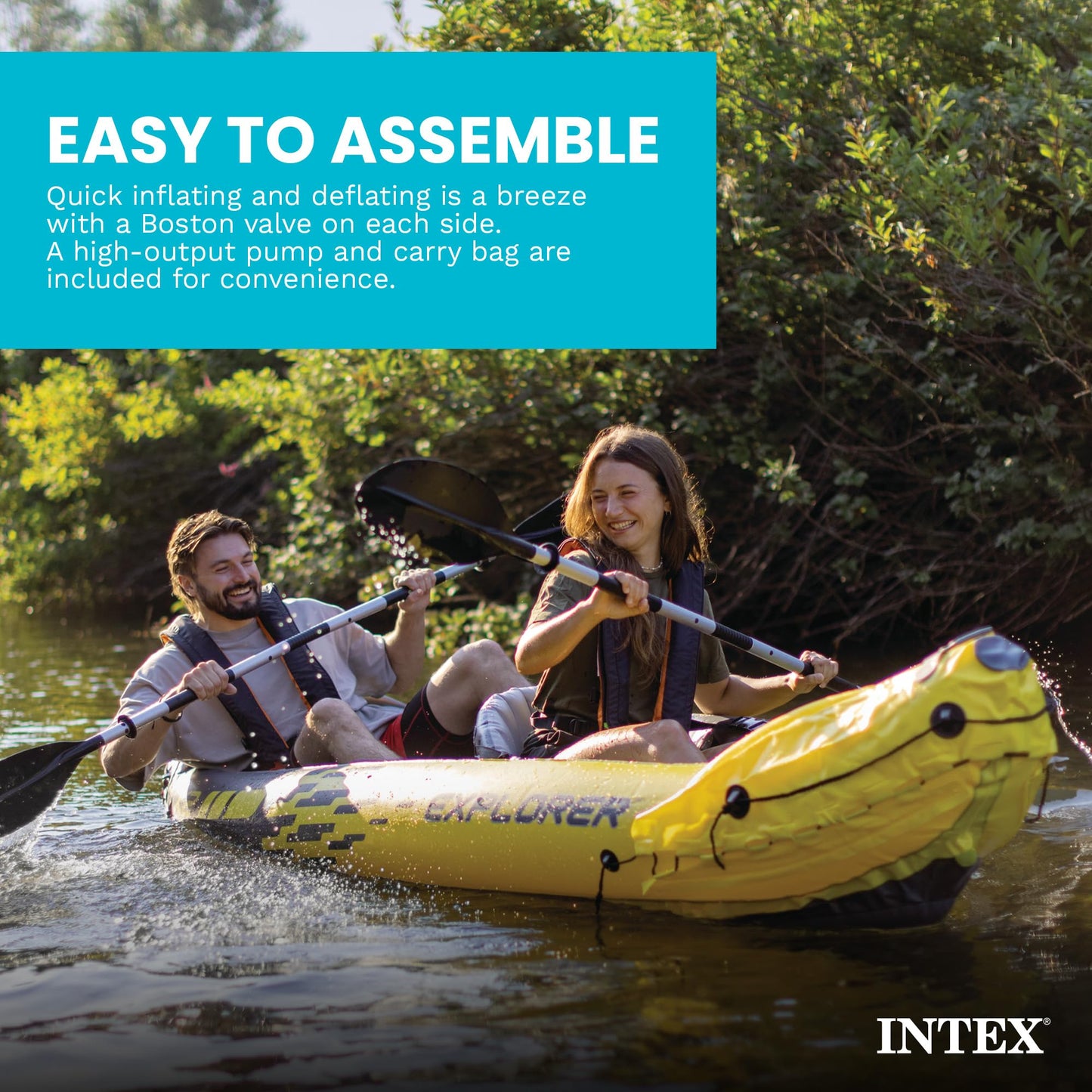 Intex 2-Person Inflatable Kayak Set w/ Pump, Aluminum Oars, Adjustable Seats, Explorer K2 - Tandem Blow-up Raft for Adults, Great for Lakes or Rivers