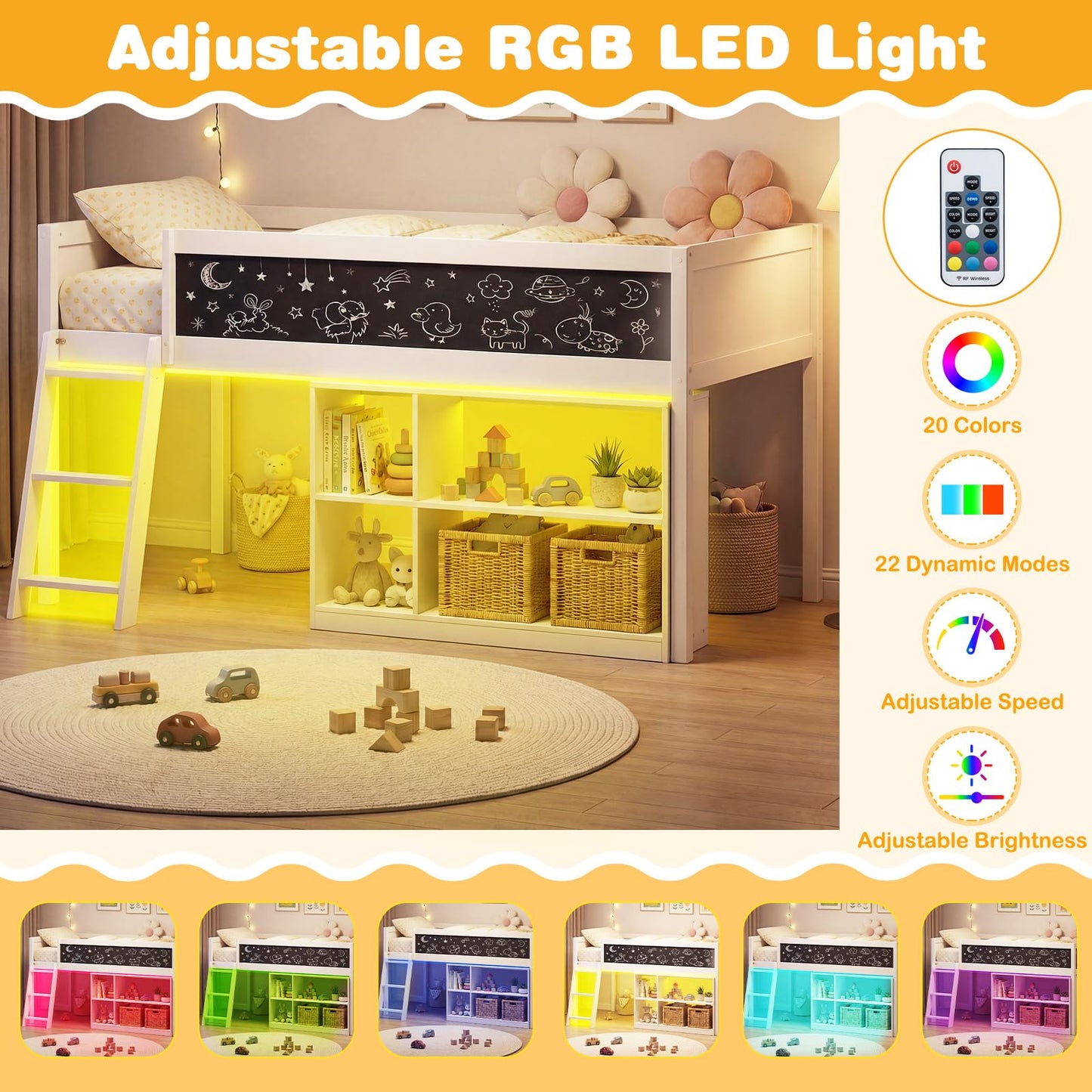 Giantex Low Loft Bed with LED Lights, Twin Size Bed Frames for Kids w/Chalkboard, Removable Bookcase & Under-Bed Storage Space, Wood Loft Beds with Stairs, Safety Guardrail for Girls Boys (White)