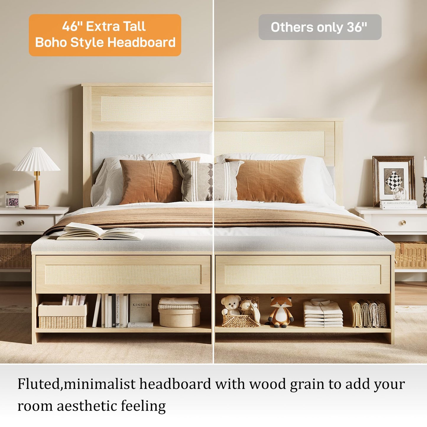 VINGLI King Size Rattan Bed Frame with Bench and Headboard,Large Boho Bed with Storage and Footboard Cabinet,Wood Platform Bed wirh Shelves,No Box Spring Needed, Natural Wood