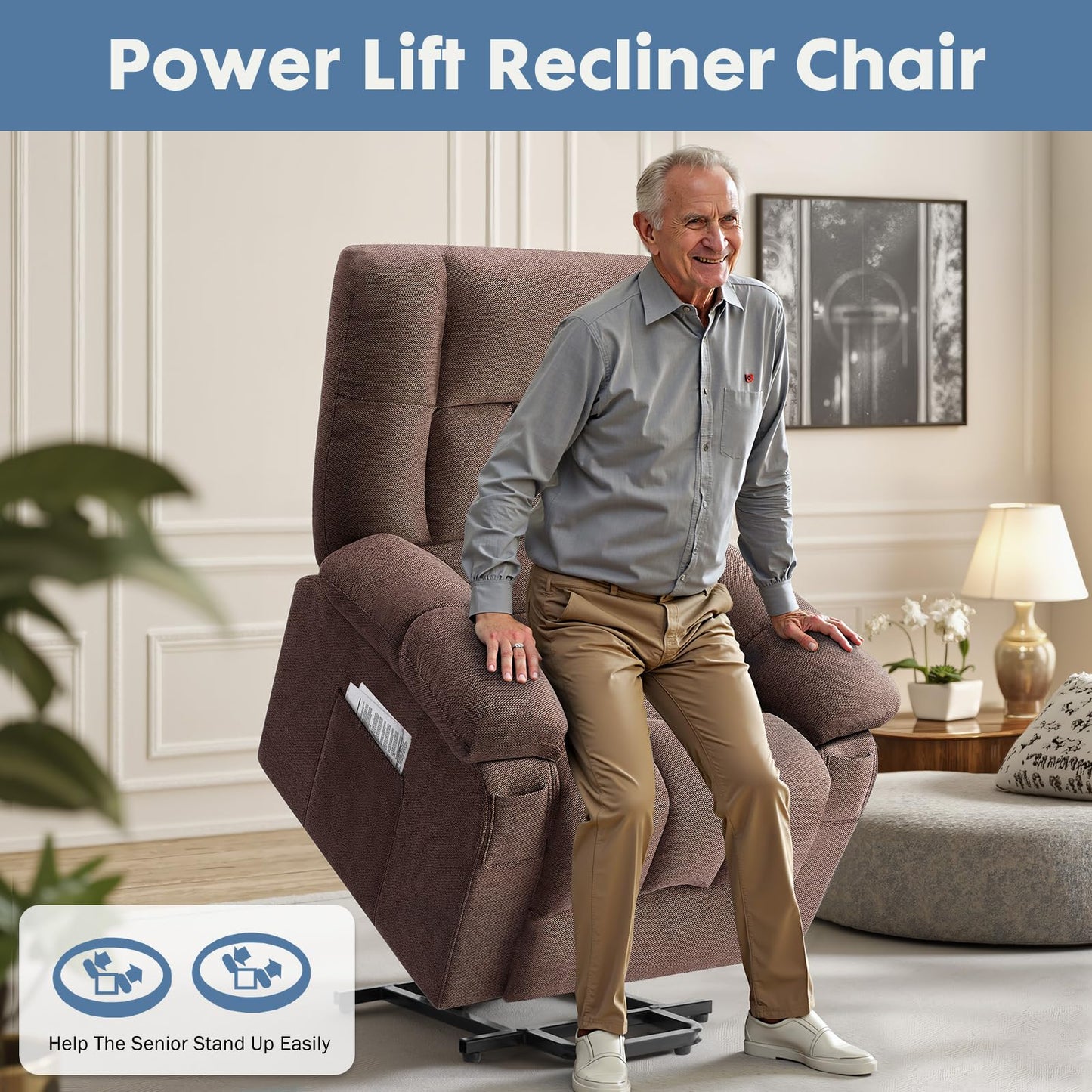 DUMOS Power Lift Recliner Chair with Vibration Massage and Heat for Elderly, Ergonomic Overstuffed Breathable Fabric Reclining Chair with 3 Pockets, Remote Control, Living Room, Bedroom, Brown