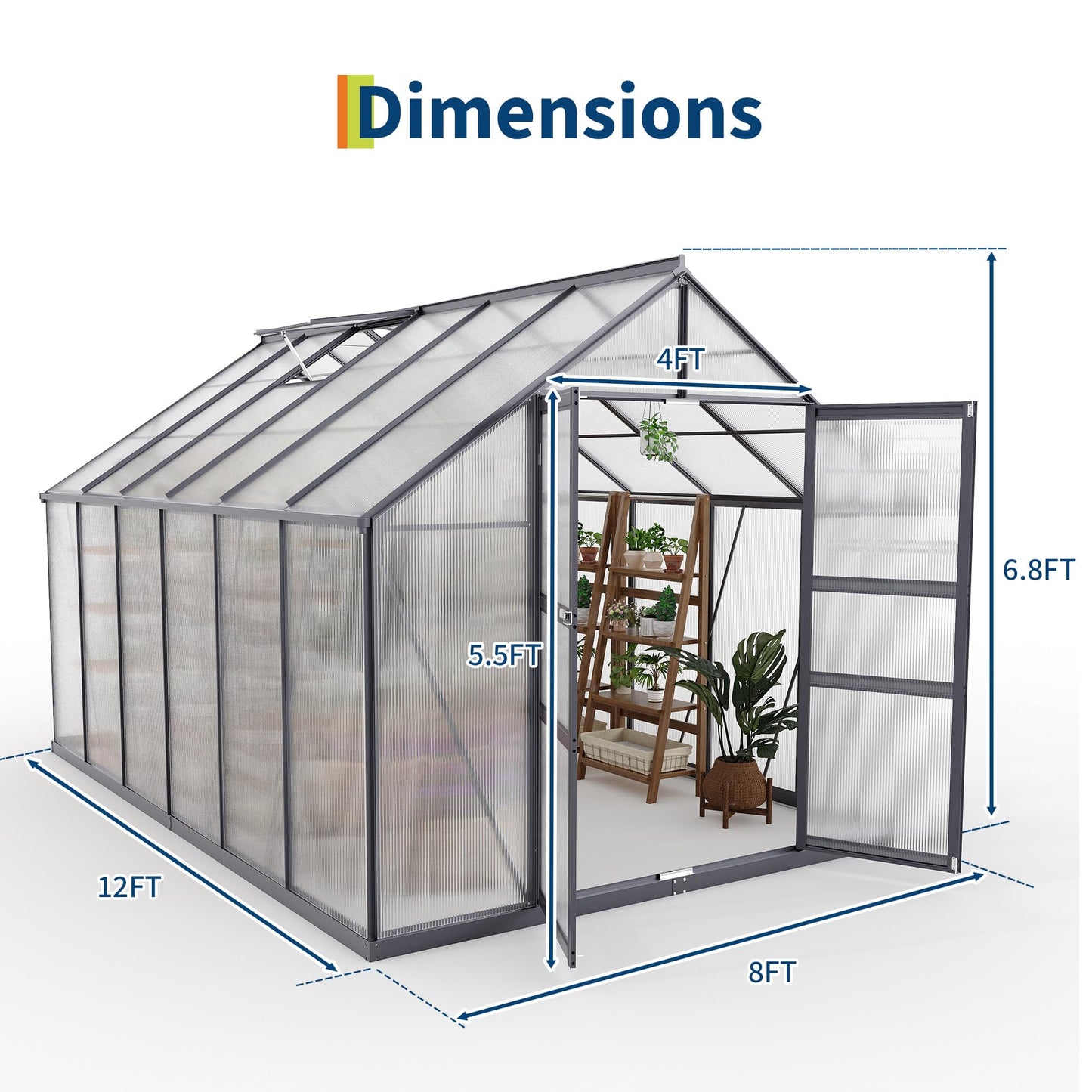 GarveeLife 8*12 ft Outdoor Walk-in Greenhouse, Polycarbonate Green House, Heavy Duty Greenhouse with Vented Roof Window, Windproof Aluminum Frame, Suitable for Outside Gardening, Backyard, Patio