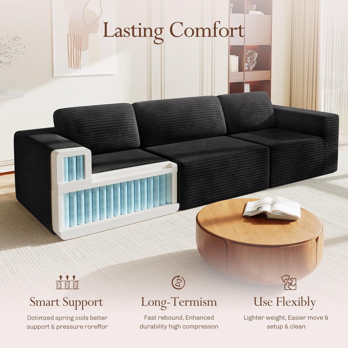 119" Modular Sofa Set, Corduroy Cloud Sectional Couch with Extra Deep Seating & Reinforced Spring System, Compact 3-Seater Boneless Sofa for Living Room & Apartment Spaces, Tool-Free Setup, Black