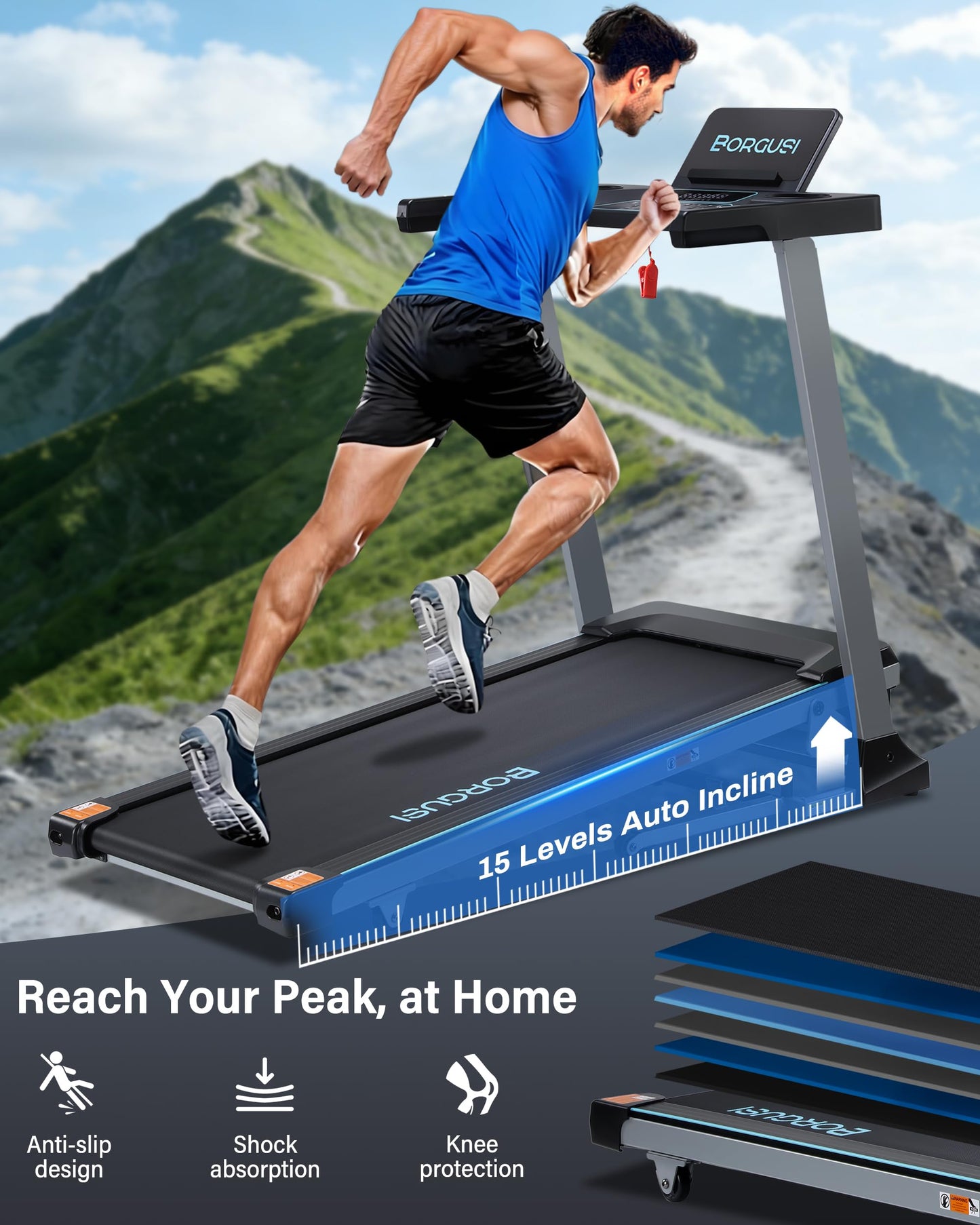 BORGUSI Auto Incline Treadmill for Home - 47.3"x17.5" Long Wide Belt, 3.5 HP, Bluetooth App, 10 MPH, 300 lbs Capacity, 40 Preset Programs