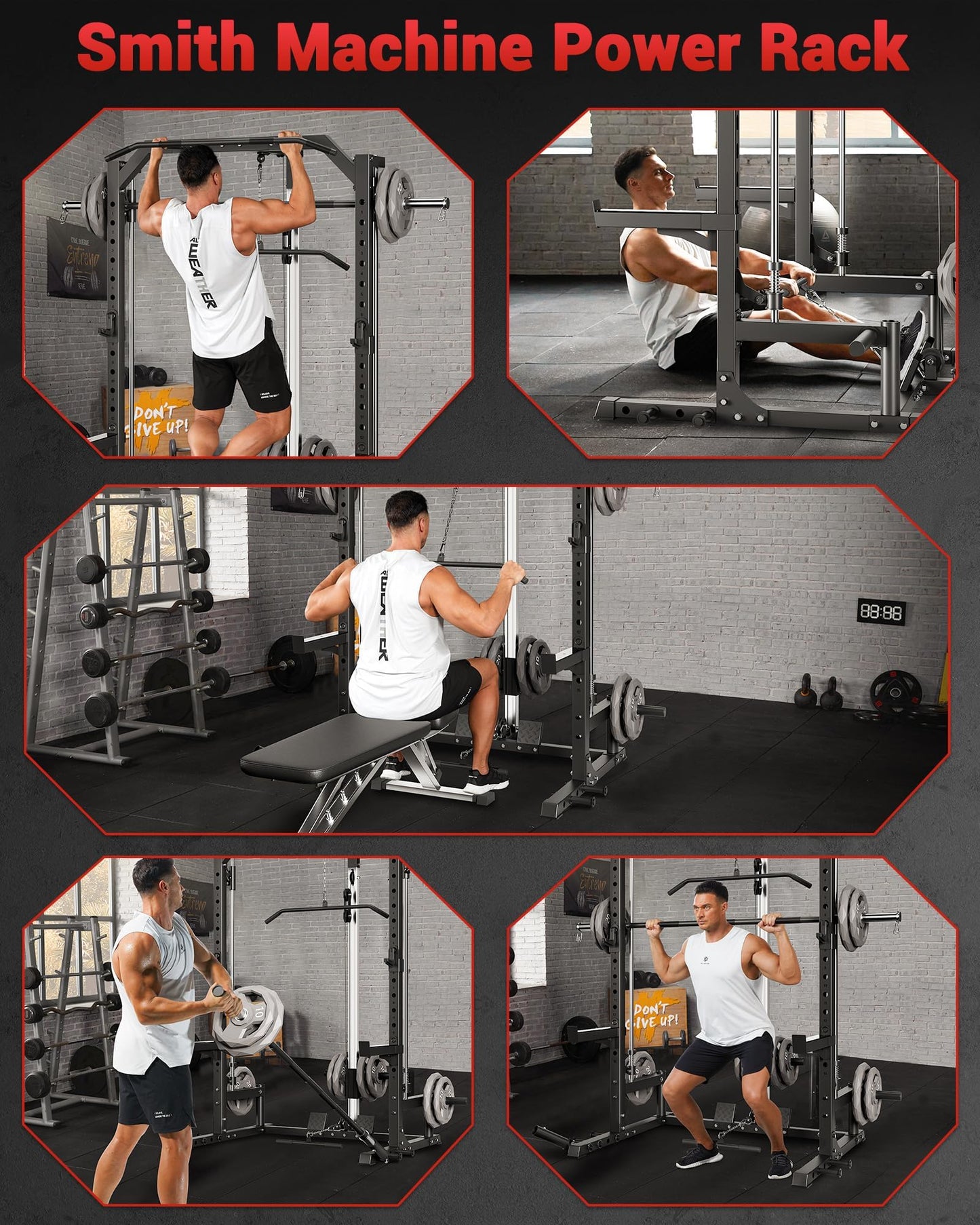 GarveeLife Smith Machine Home Gym with Barbell Bar, Cable System, LAT Pulldown Attachments, Safety Spotter Arms, J Hooks, Landmine, Multi-Functional Squat Rack for Full Body Strength Training