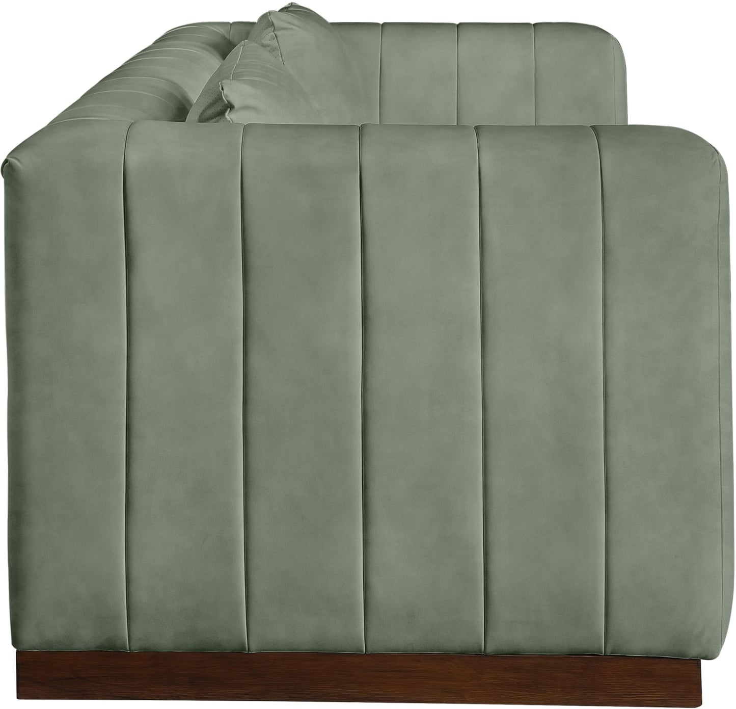 Meridian Furniture 44098Green-S Mallina Collection Modern | Contemporary Sofa with Soft Green Vegan Leather, Walnut Finish Solid Wood Base, Deep Channel Tufting, 90.5" W x 36" D x 28.5" H, Green