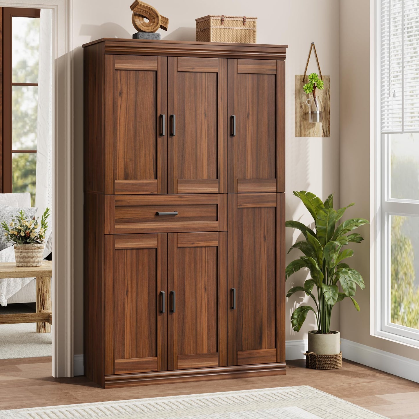 Garvee 70" Tall Kitchen Pantry Storage Cabinet, Modern Kitchen Hutch Cabinet with Doors and Shelves, Freestanding Food Pantry with Large Storage Drawer for Dining Room and Household Organization