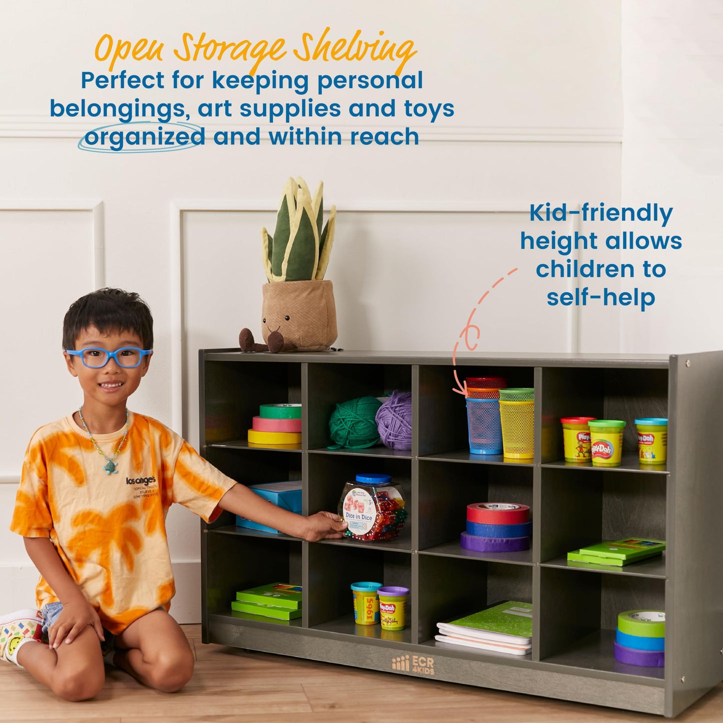 ECR4Kids 12 Cubby Mobile Tray Storage Cabinet, 3x4, Classroom Furniture, Grey Wash