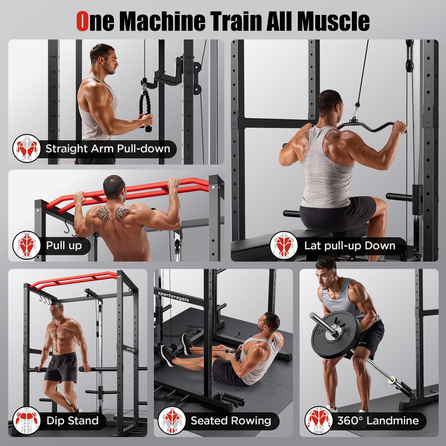 Sportsroyals Power Rack, Multi-Functional Power Cage, Squat Rack with Pulley System & LAT Pull Down, Workout Cage with J Hooks for Home Gym