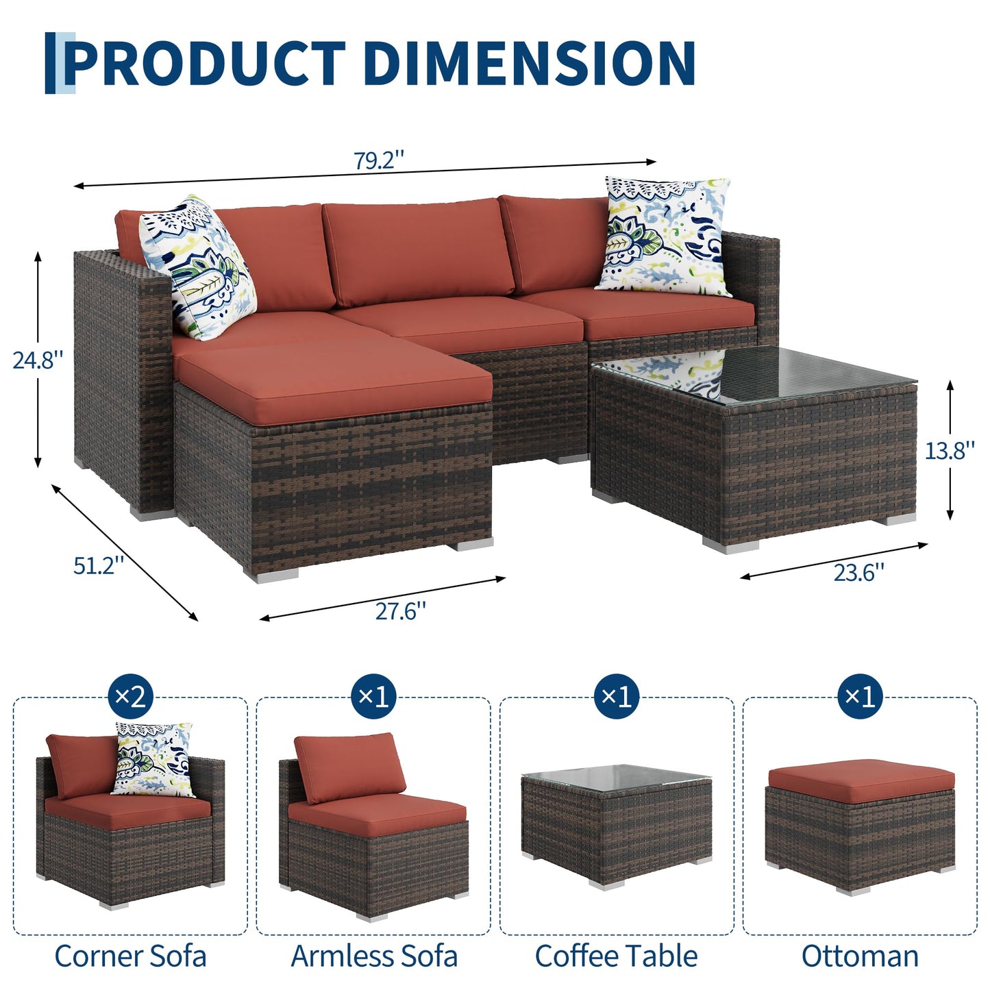 PeakPursuit Outdoor Patio Furniture Set, 5 Pieces Rattan Patio Conversation Sets with Glass Coffee Table and Cushion,All Weather Outdoor Patio Sofa for Garden, Poolside, Backyard,Orange