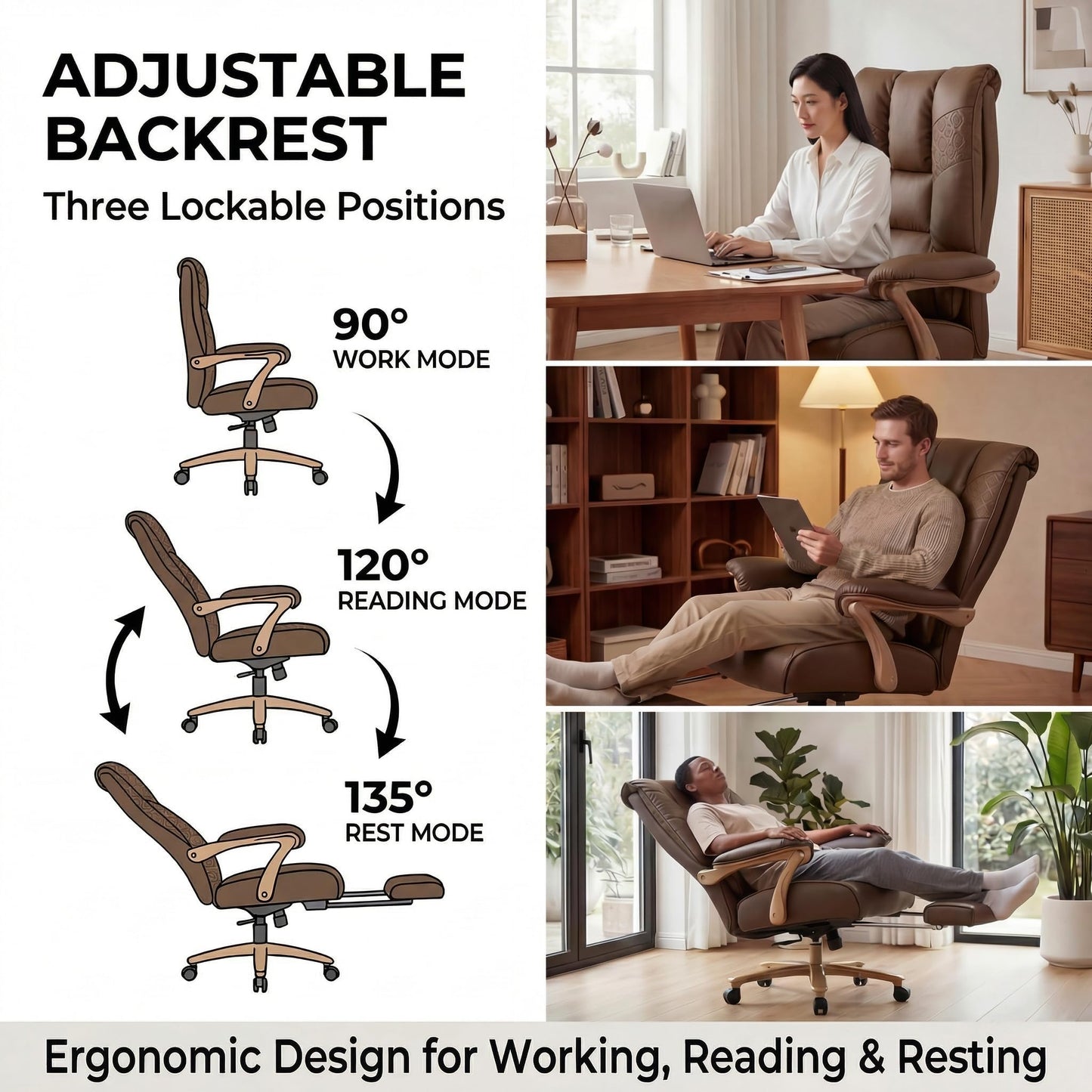 EXCEBET Big and Tall Office Chair 400lbs Wide Seat, Ergonomic Executive Desk Office Chair with Footrest, High Back PU Leather Chair with Lumbar Support, Padded Armrests, Heavy Duty Base, Brown
