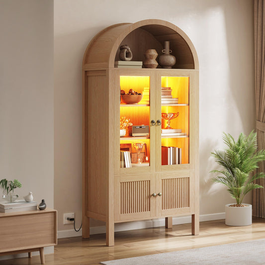YITAHOME 71" Arched Cabinet Bookshelf Bookcase with LED Light/Wood Display Cabinet with Tempered Glass Doors and Adjustable Shelves/Kitchen Pantry with Storage for Living Room,Dining Room-Nature