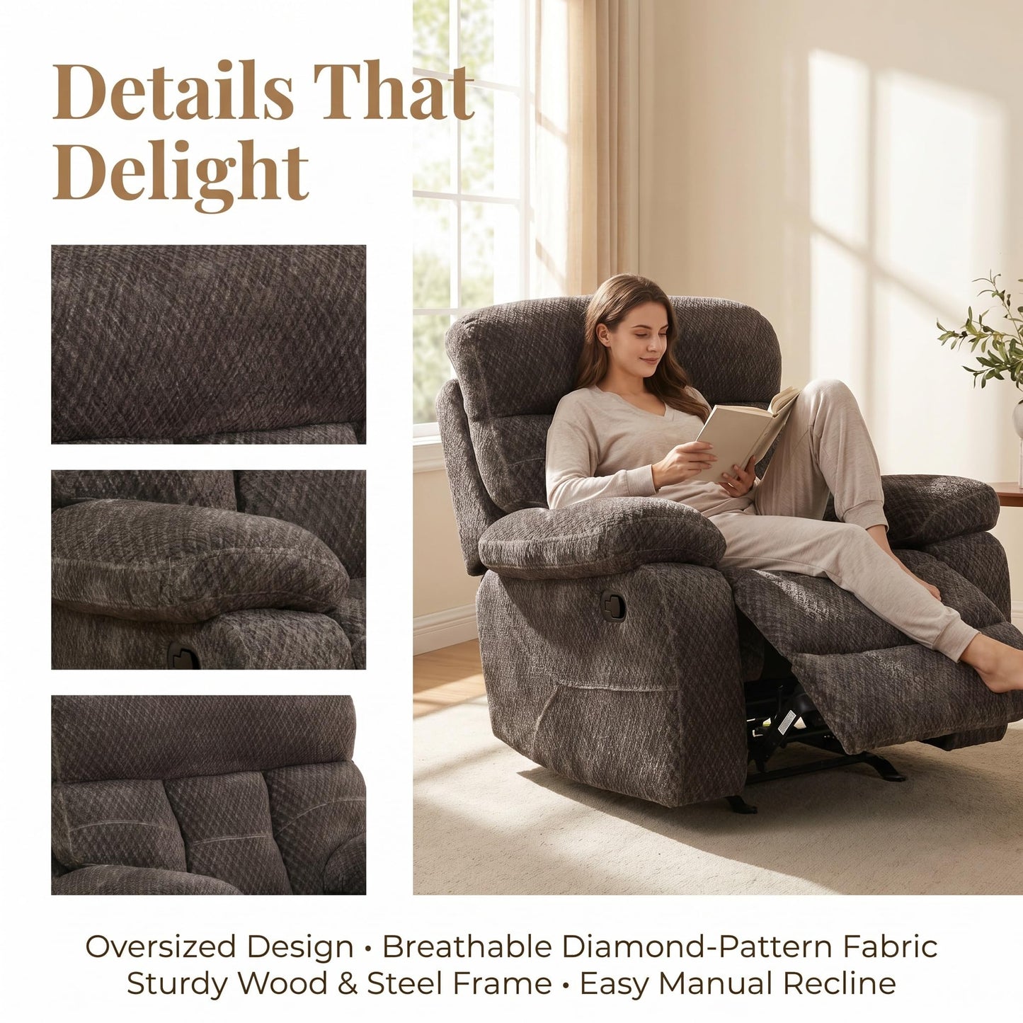 Trygoal Manual Recliner Chair, Nursery Chair, Cashmere Recliner Chair for Adults, Lazy Boy, Gaming Recliner with Overstuffed Arms, Suitable for Home Theater, Living Room, Bedroom, Brown