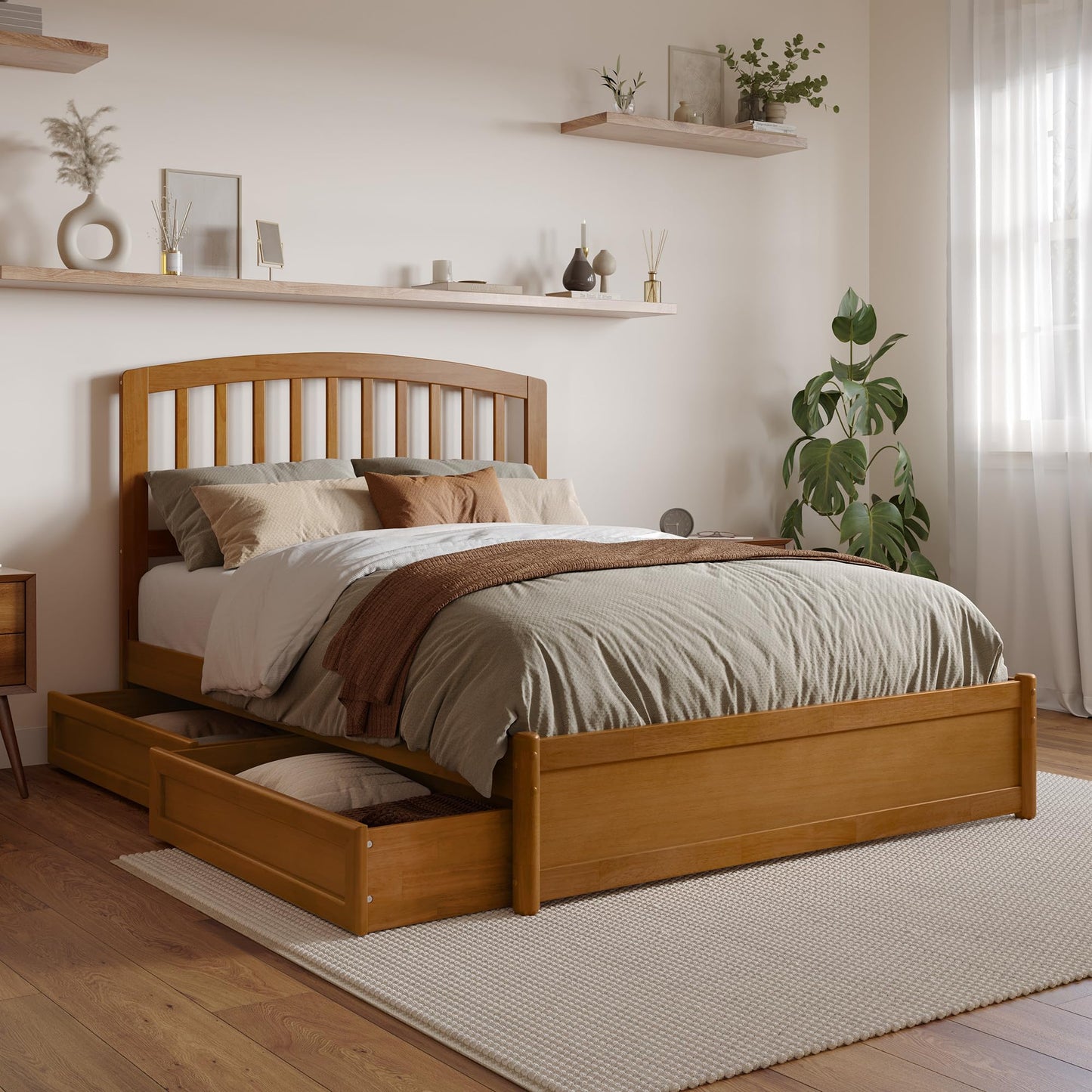 AFI, Lucia Full Platform Bed with Panel Footboard & Storage Drawers, Light Toffee