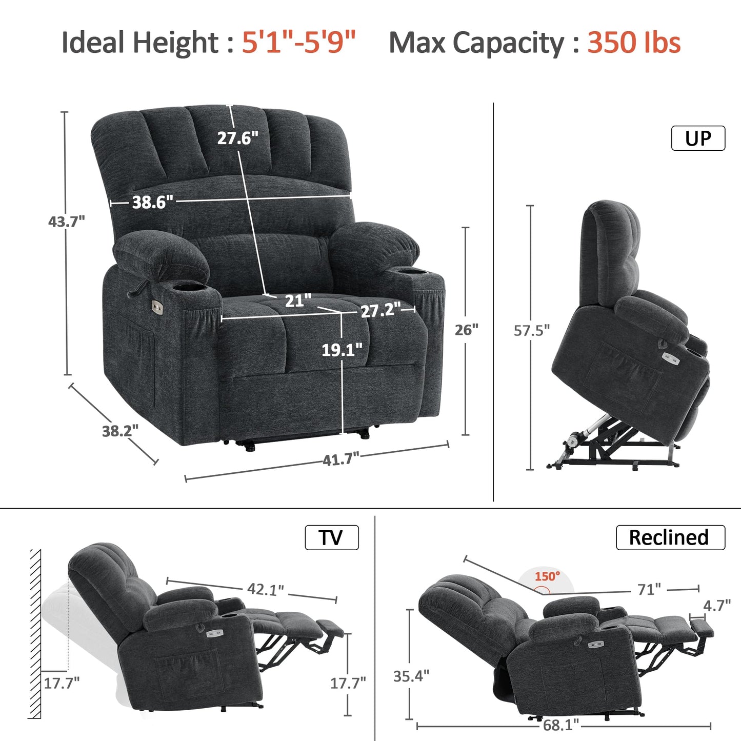 MCombo Power Lift Recliner Chair for Elderly, Lift Chair with Heat and Massage, 150° Max Recline, Extra Wide Lift Recliner for Big People, Fabric R7096 (Medium-Wide, Dark Grey)