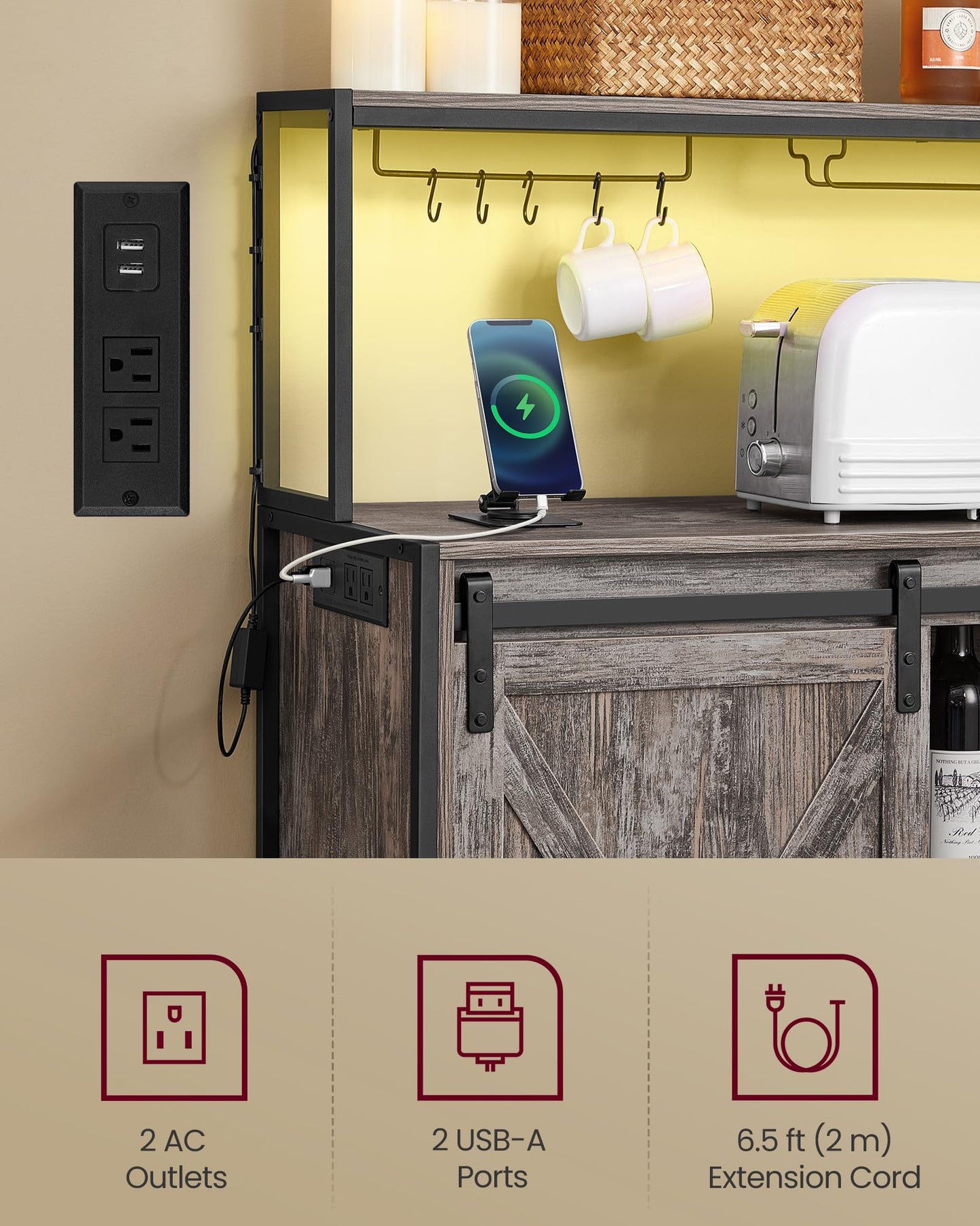 VASAGLE Coffee Bar Cabinet with Power Outlet and Voice Control LED Light, Buffet Cabinet with Sliding Barn Doors, S Hooks, Wine Glass Racks, Bottle Holders, Maple Gray ULSC201G01