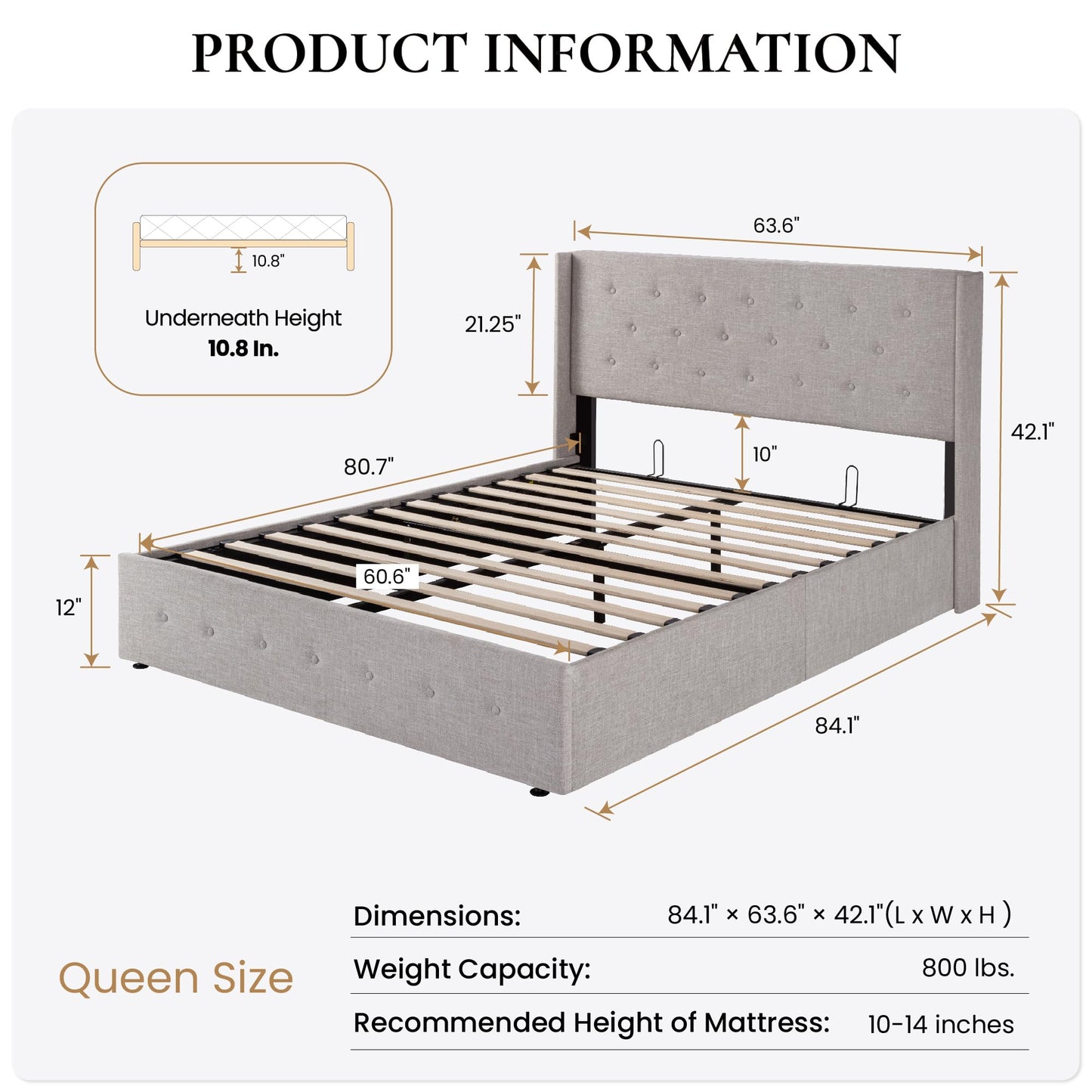 SHA CERLIN Queen Size Lift Up Storage Bed Frame,Button Tufted Wingback Headboard,Upholstered Platform,Hydraulic Storage,Wooden Slat Support,No Box Spring,Light Beige