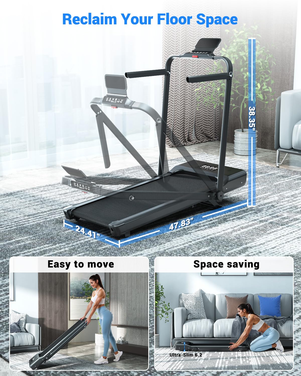 Superun Walking Pad Treadmill with Handle Bar, 300 LBS Capacity Treadmills for Home, 3.0HP Portable Under Desk Treadmill for Home Office with LED Display Remote APP Control