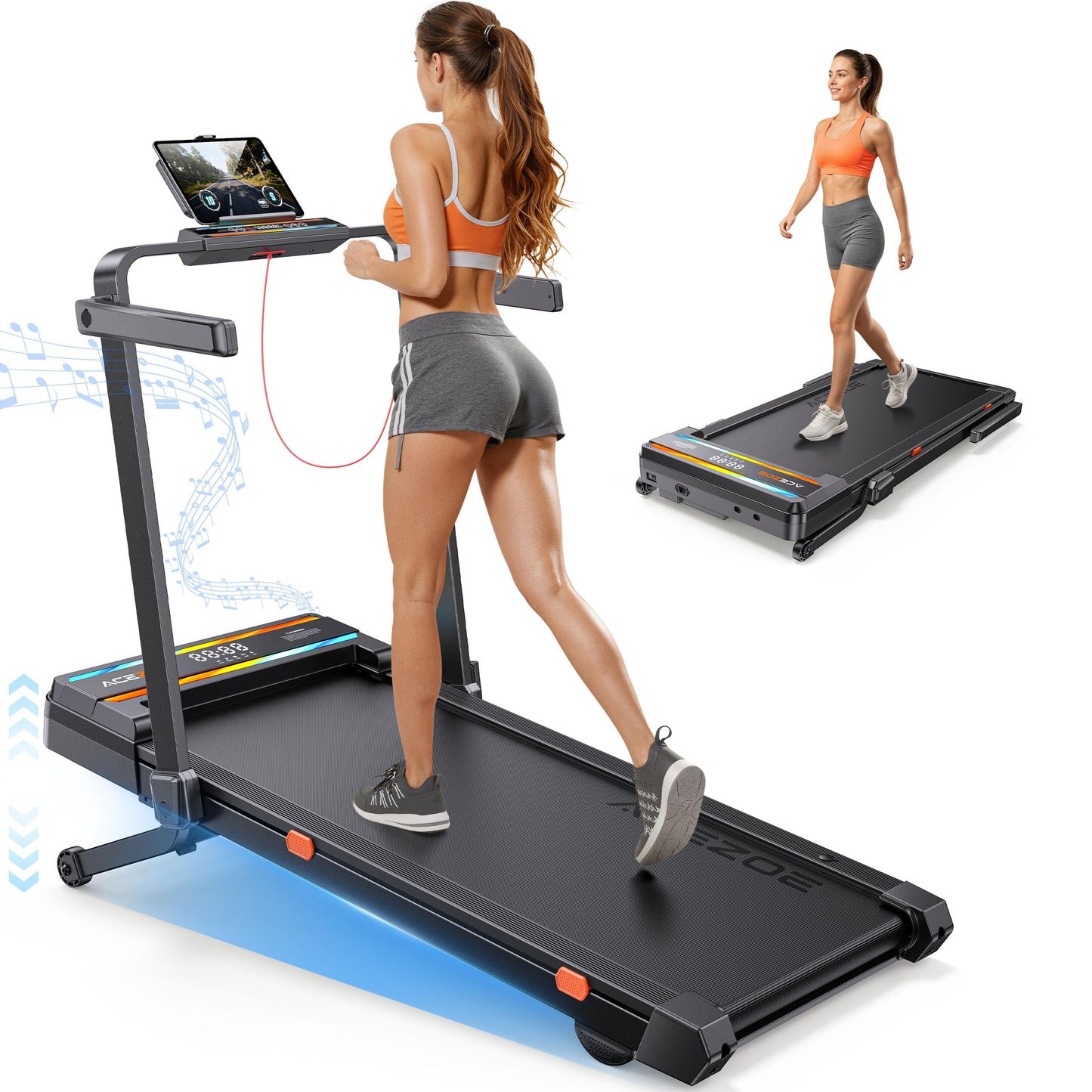 Foldable Walking Pad with 0-15% 9-Levels Auto Incline and Handle Bar, Under Desk Treadmill with 300LBS Weight Capacity, 3.0HP Quiet Treadmills for Home with Speaker, APP & Remote Control - Blue Orange