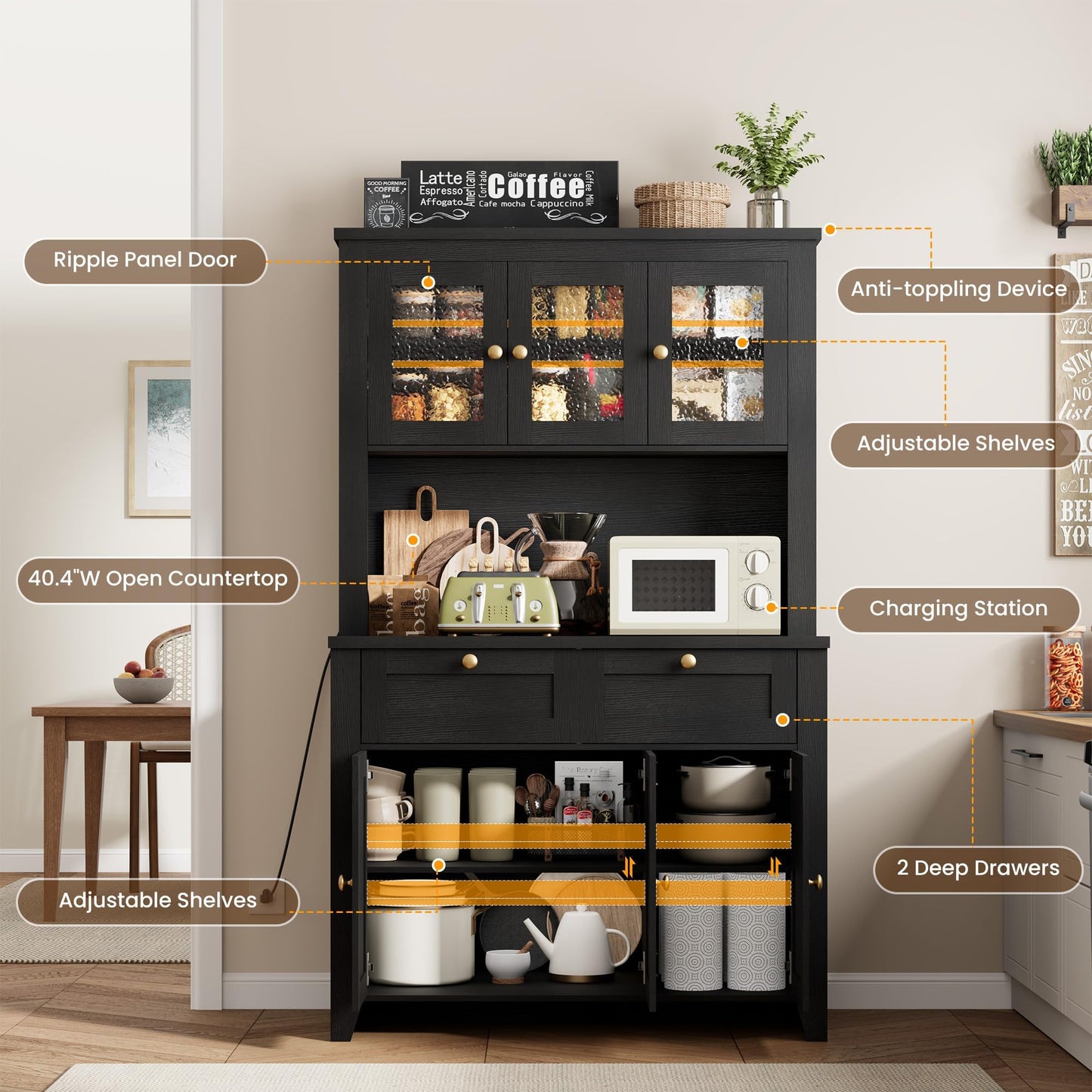 GAOMON 66" Tall Kitchen Pantry Cabinet, Modern Kitchen Hutch with Charging Station, Large Coffee Bar Storage Cabinet with Glass Doors and Drawers, Black