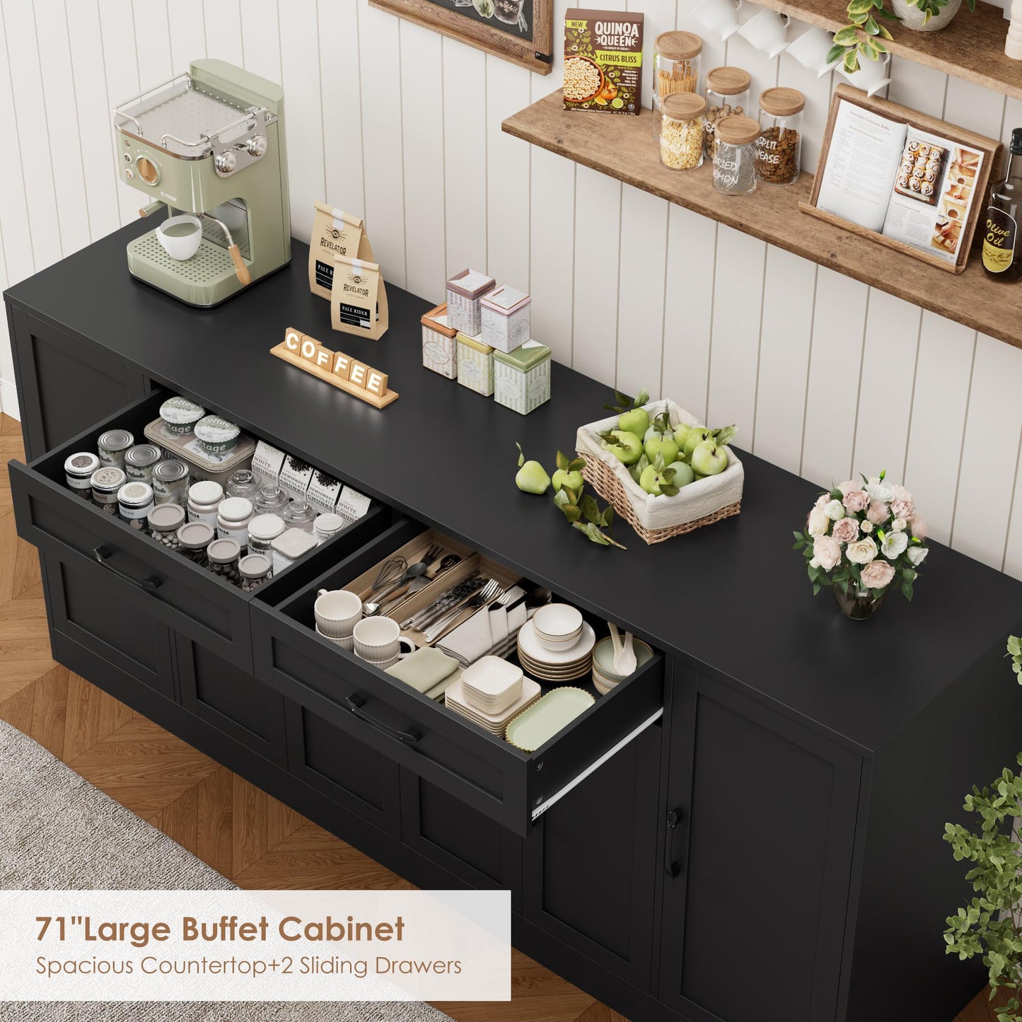 BOTLOG 71” Large Buffet Cabinet with Storage, Sideboard Buffet Cabinet with Adjustable Shelves and 6 Soft-Close Doors, Wood Coffee Bar Console Table for Kitchen, Dining Room, Black