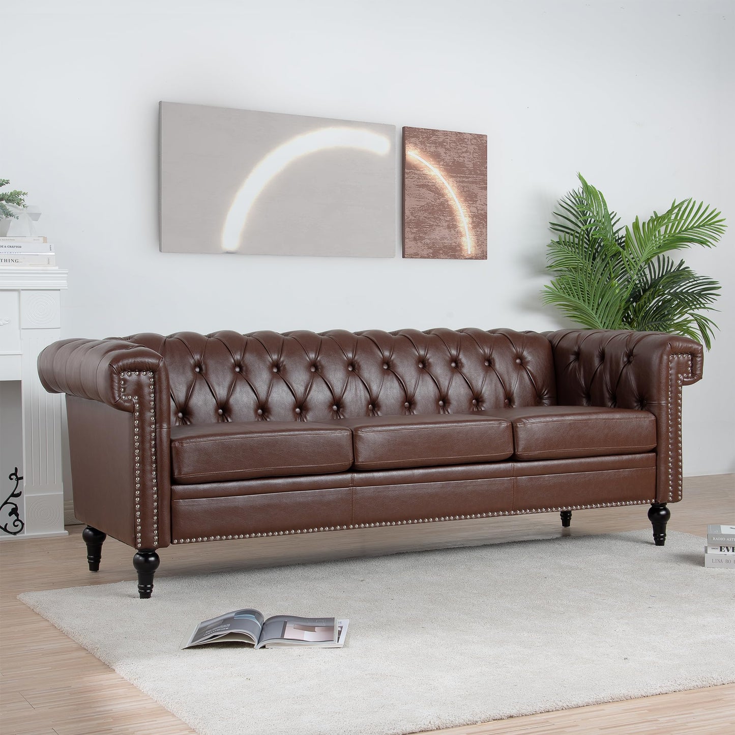 GDFStudio 84" Chesterfield Tufted Sofa Couch with Deep Seat Cushions, Rolled Arms & Gold Accent Strip, Midcentury Modern 3 Seater Upholstered PU Leather Sofa for Living Room, Dark Brown