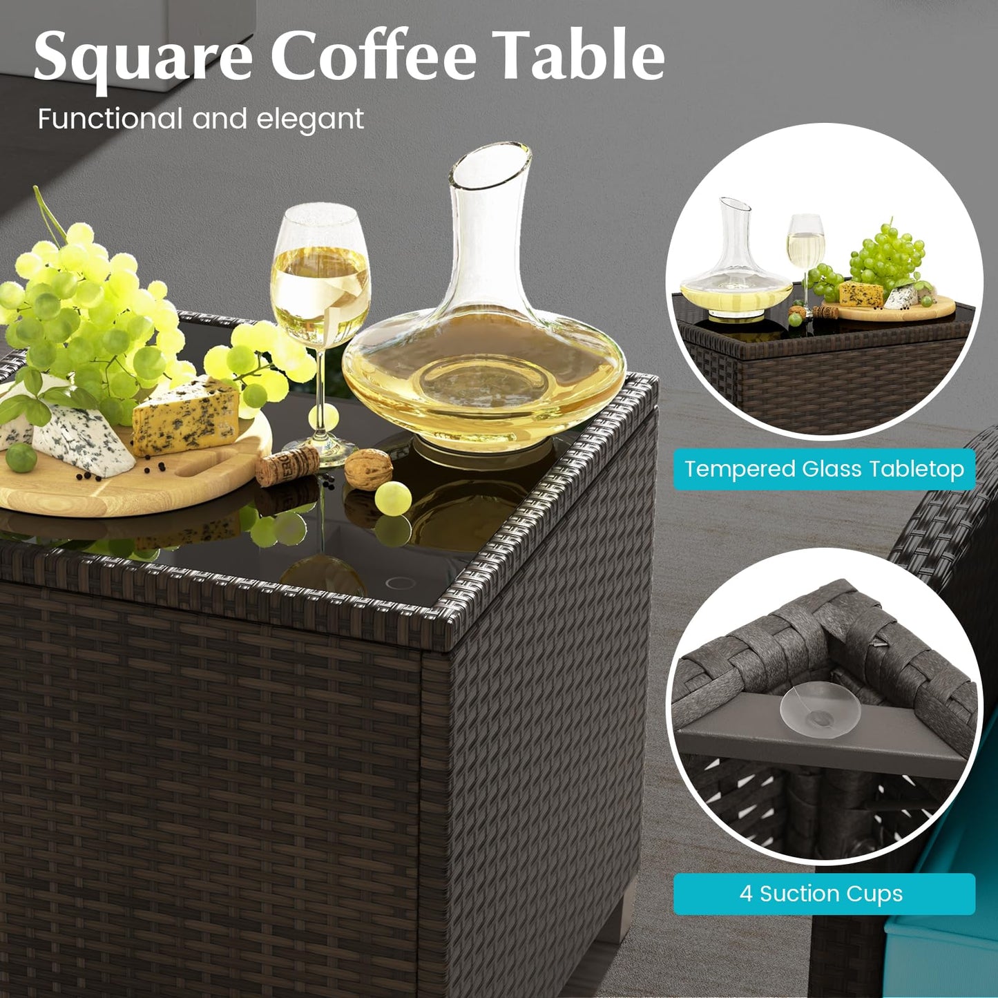 Tangkula 5 Pieces Patio Conversation Set, PE Wicker Outdoor Furniture Set with 2 Chairs, 2 Ottomans & Tempered Glass Coffee Table, Ideal for Poolside, Backyard, Lawn, Deck, Mix Brown & Turquoise
