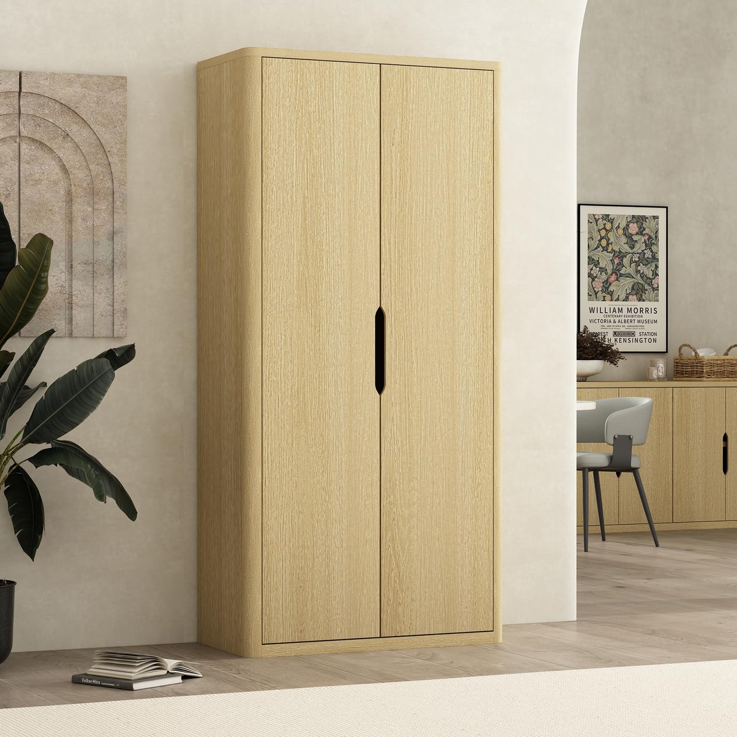 Manhattan Comfort Rivington Bookshelf 79 in Tall 5-Tier Bookcase with Soft Close Doors, Modern Storage Cabinet, Handle-Free, Round Corner Design for Living Room, Bedroom, or Home Office in Natural Oak