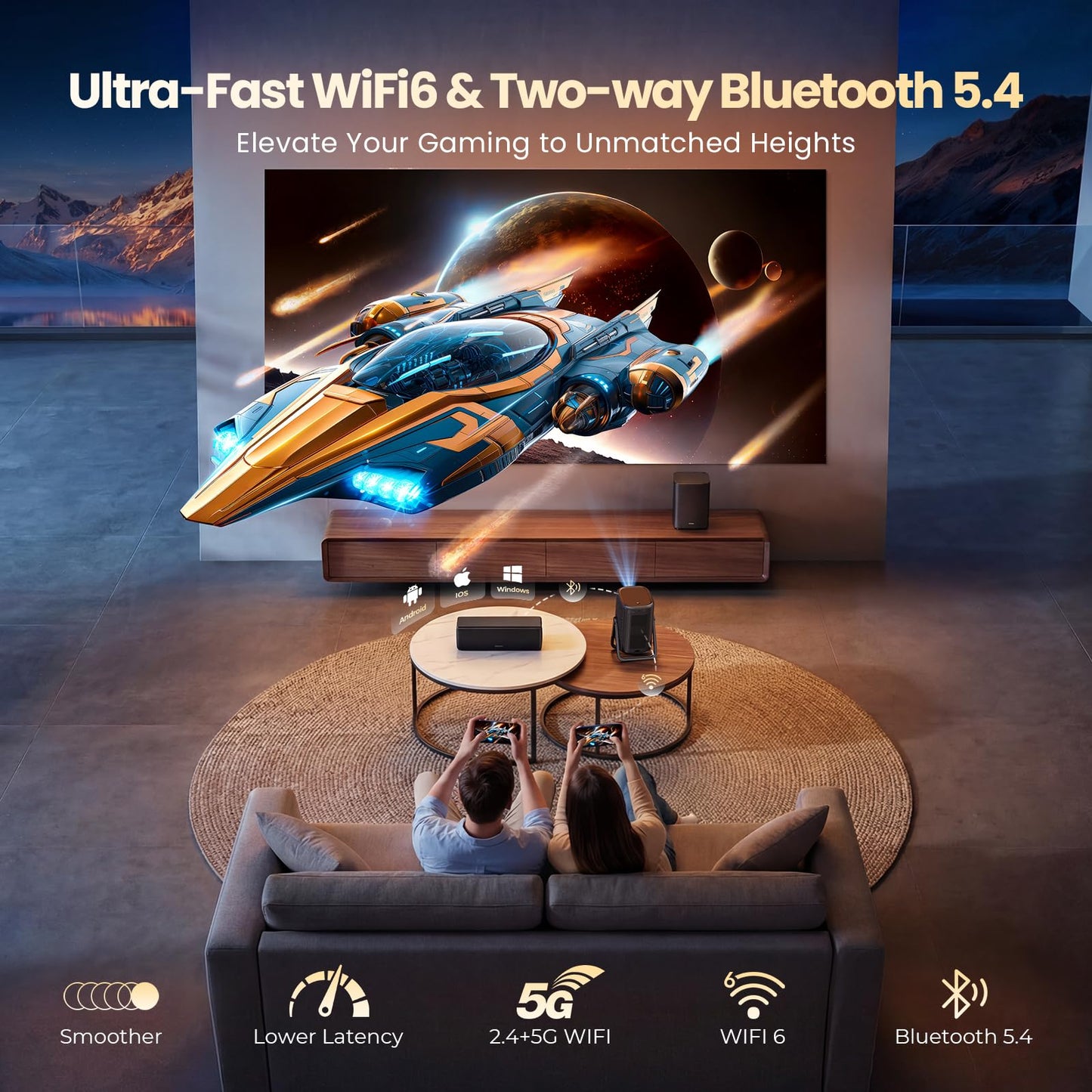 Short Throw Projector 4K Compatible with Netflix,1200ANSI Ceiling Projector Portable for Bedroom/Outdoor Auto focus 6D Keystone Dolby Smart Home Projector with WiFi and Bluetooth 200''