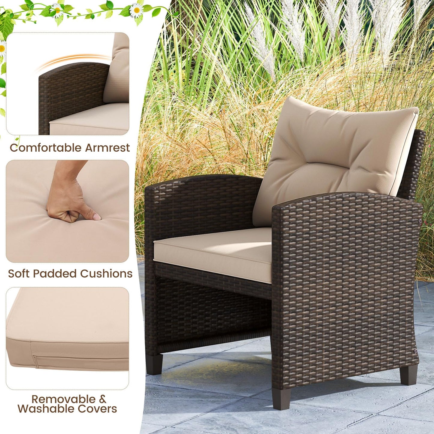 Tangkula 5 Pieces Patio Conversation Set, PE Wicker Rattan Outdoor Furniture Set with 2 Chairs, 2 Ottomans & Tempered Glass Coffee Table, Ideal for Poolside, Backyard, Lawn, Deck (Mix Brown & Beige)