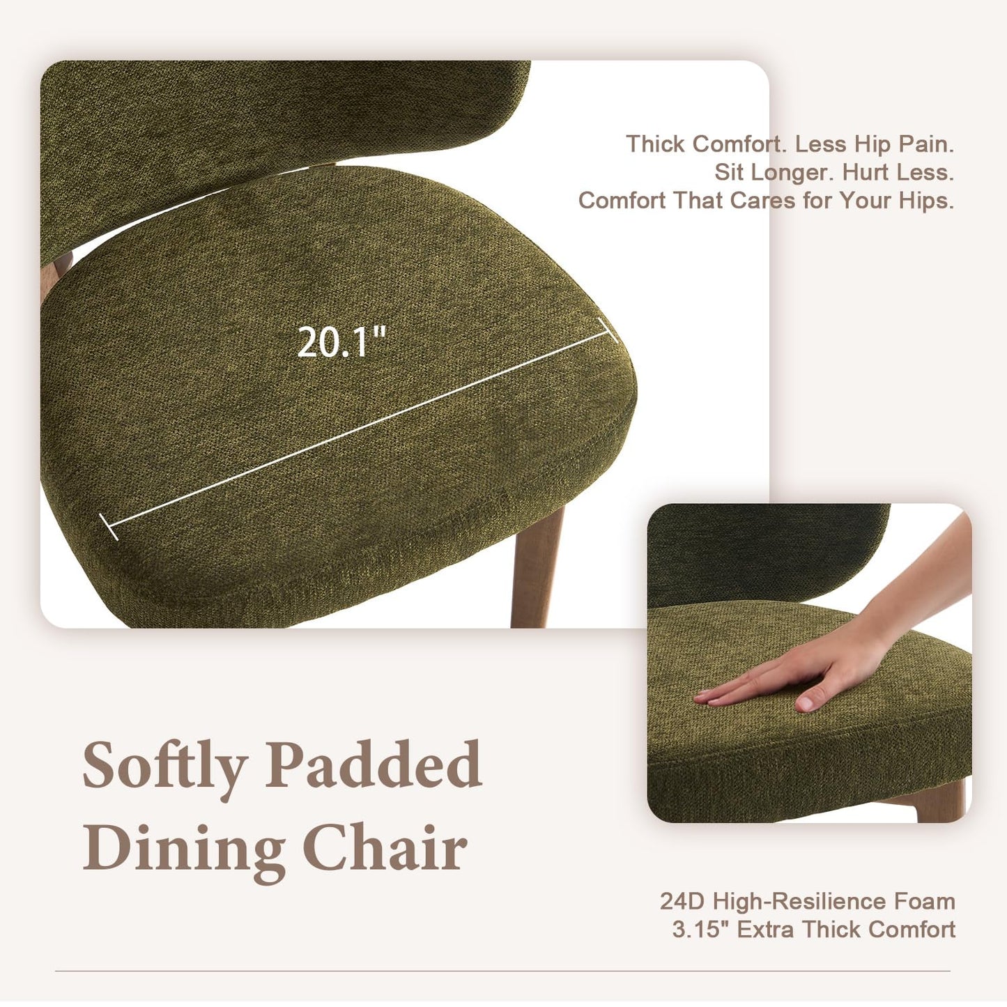YOUNUOKE Upholstered Dining Chair, Modern Chenille Fabric Dining Room Chair with Wood Legs, Widen Backrest Comfy Side Kitchen Chairs, Green (Single Pack)