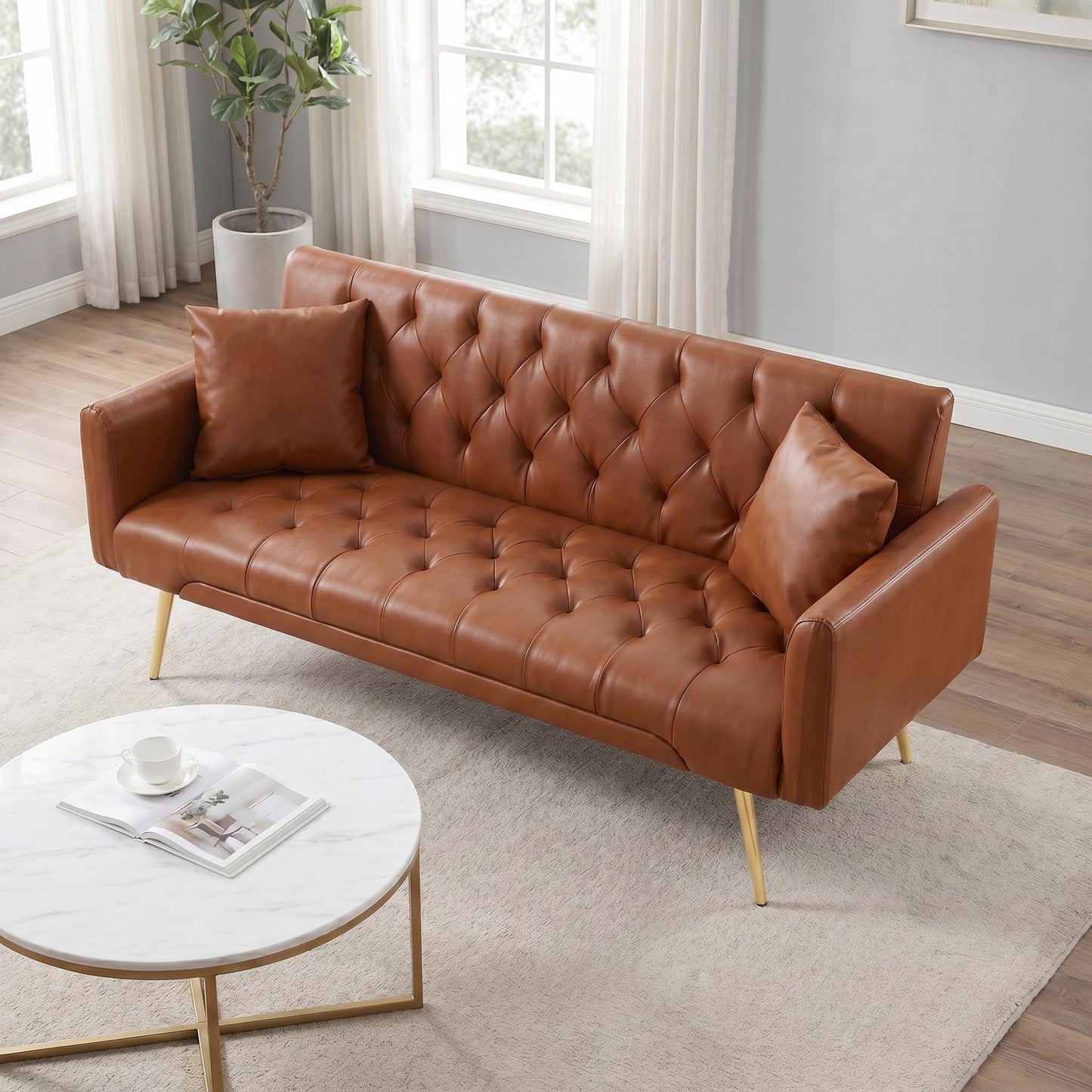 Trygoal Futon Sofa Bed, PU Leather Futon Couch Bed with Adjustable Backrest, Convertible Sofa Beds with 2 Throw Pillows, Small Couches for Small Spaces, Apartment, Bedroom, Living Room, Brown